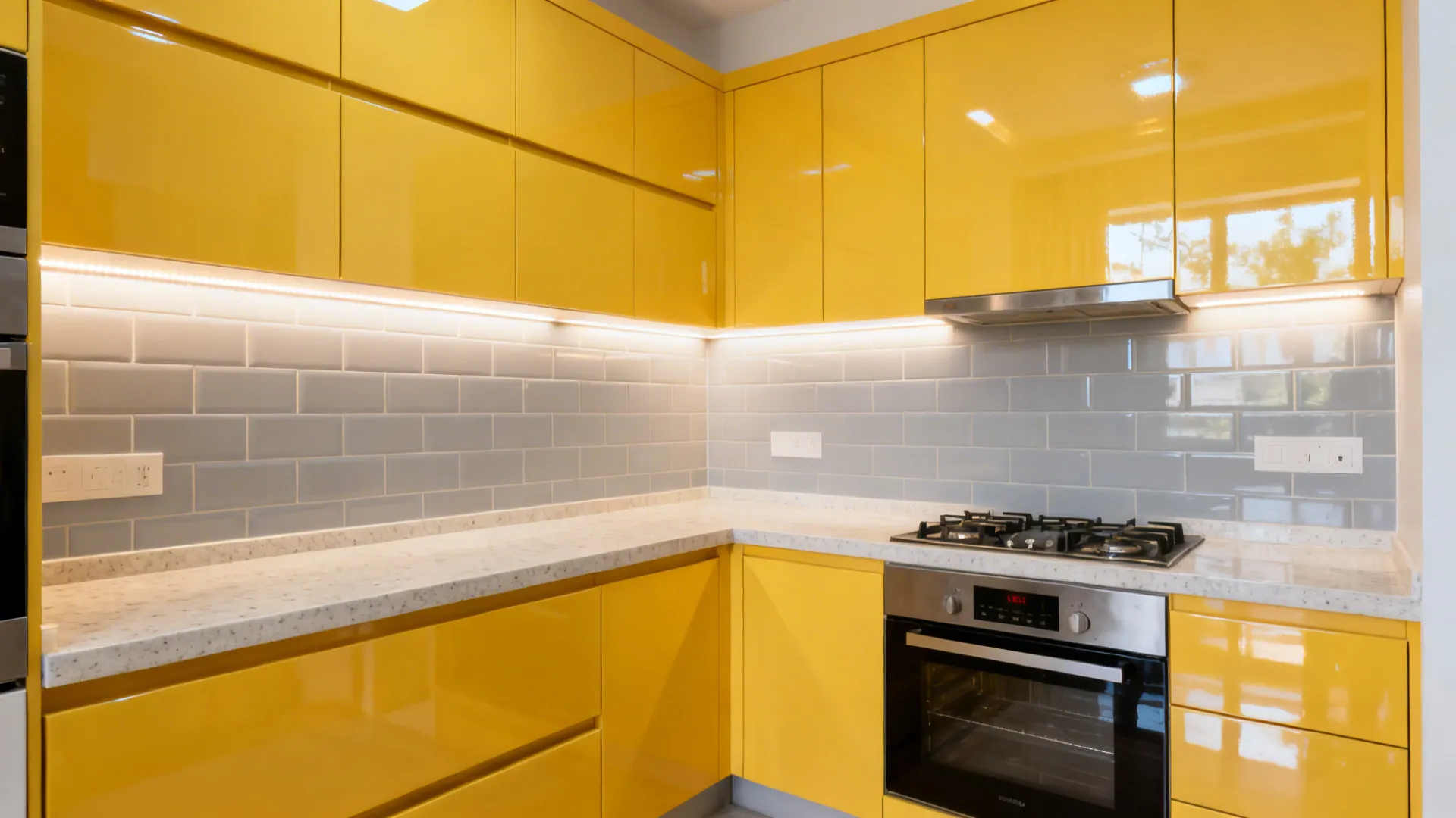 High-gloss yellow galley kitchen with light quartz counters and matte grey backsplash.