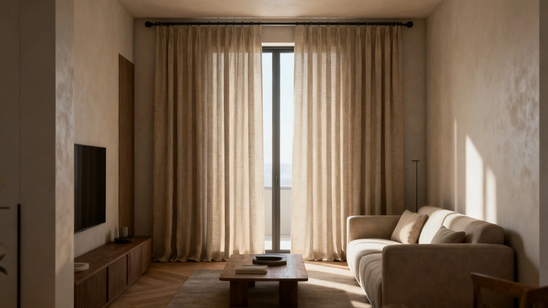 Floor-to-ceiling linen curtains hung high on slim hardware to create height.