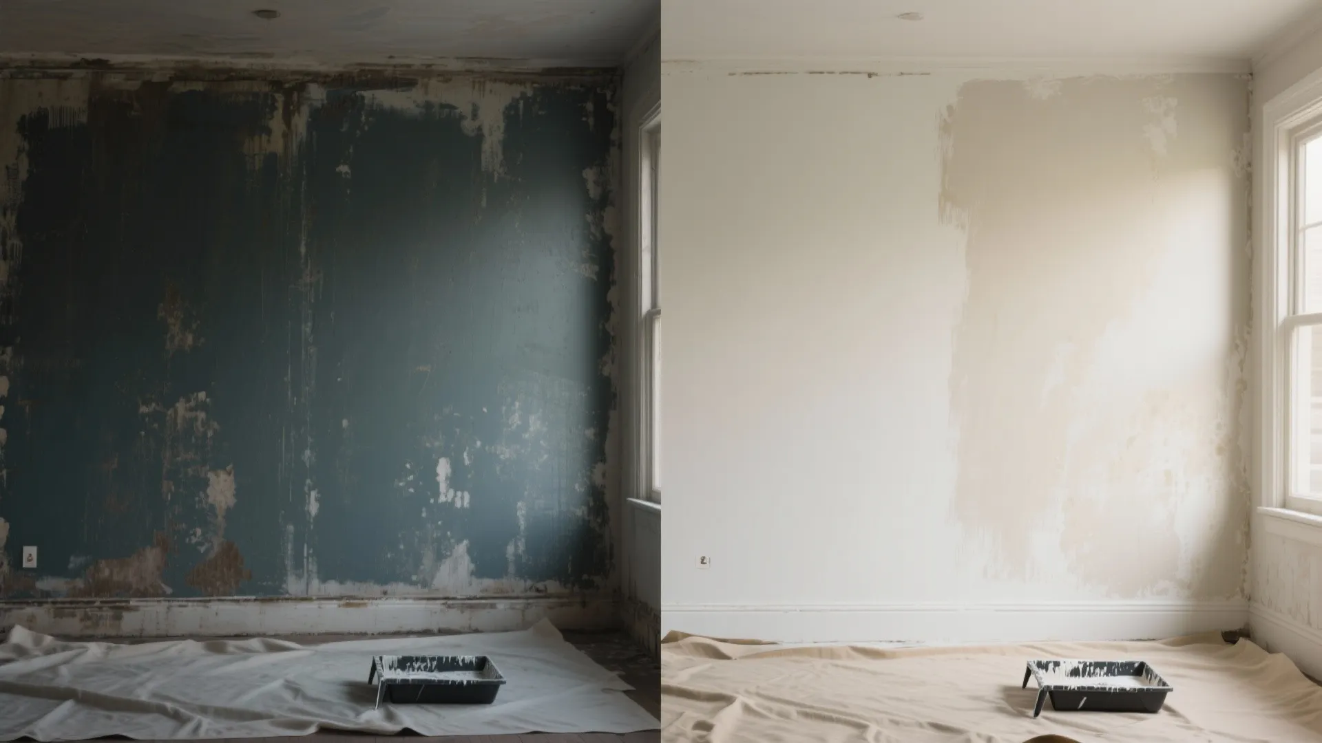 Before and after comparison showing a dark peeling wall next to a fresh light painted wall