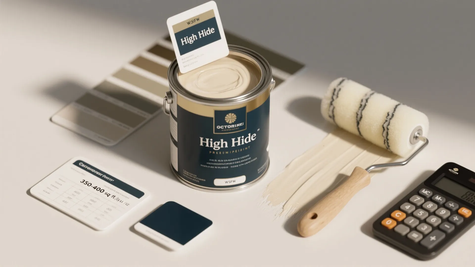 Open paint can with roller brush color cards and calculator for calculating interior painting project