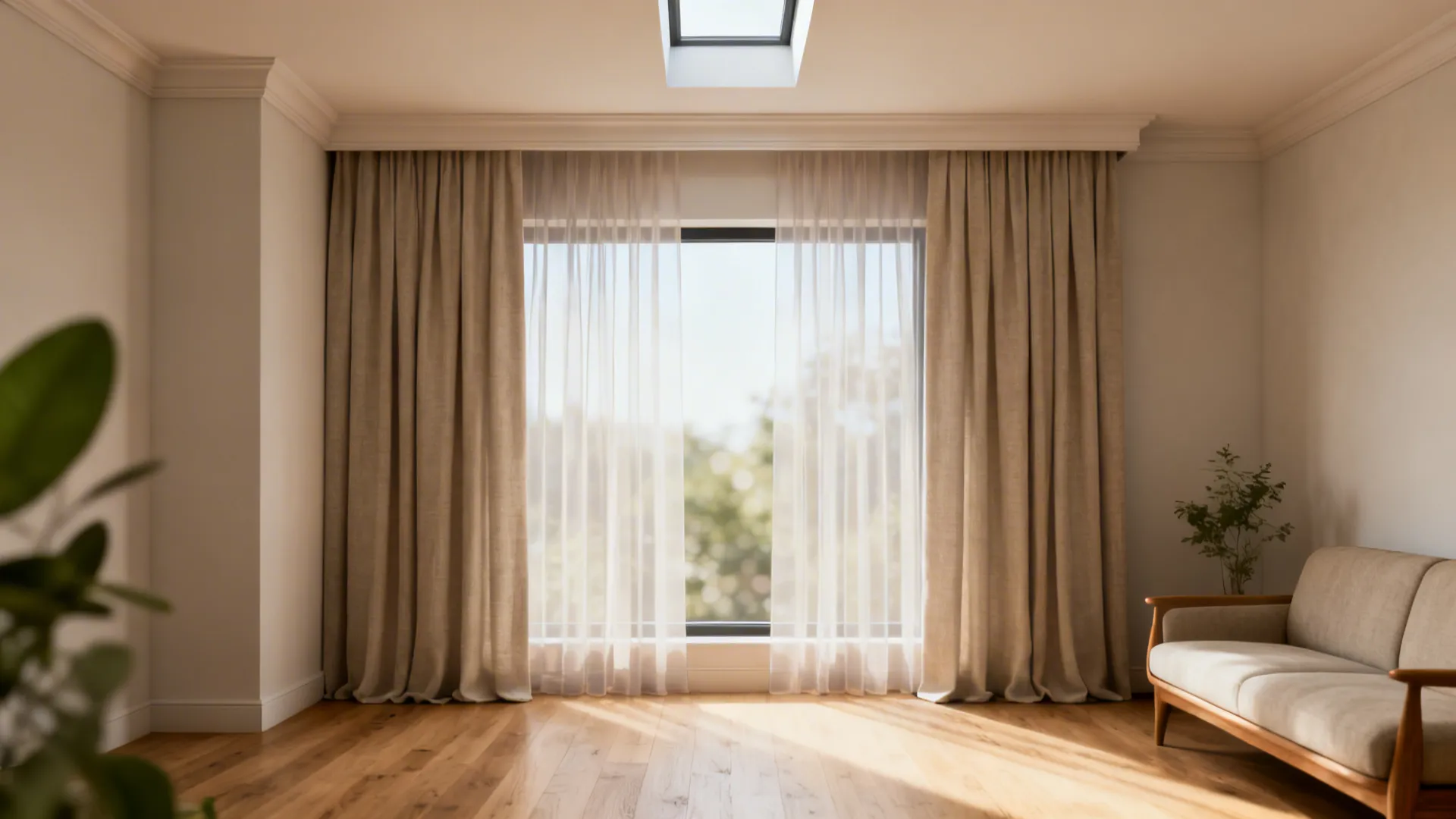 Living room with high beige curtains and sheer layers over wood floor with roof window