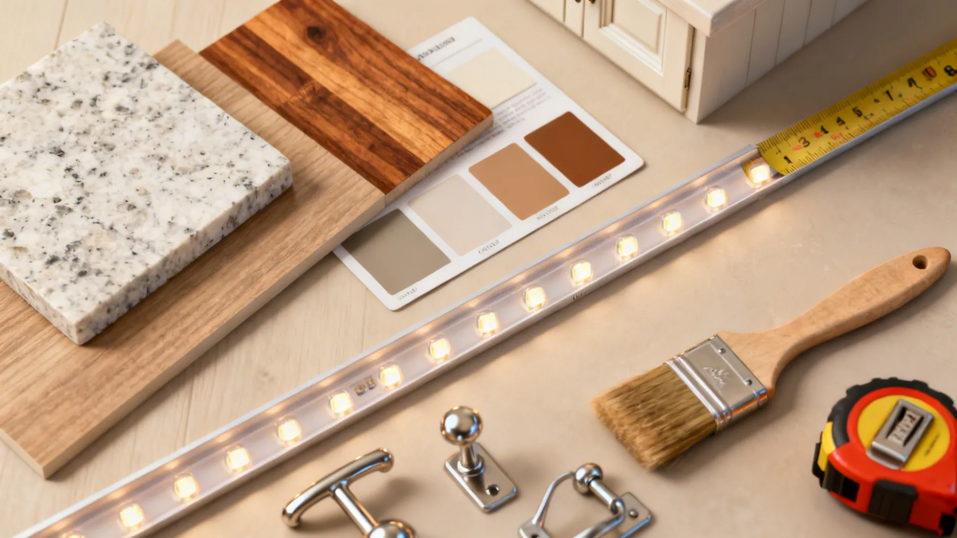 Flatlay of countertop samples, paint chips, hardware and tools showing a prioritized upgrade approach