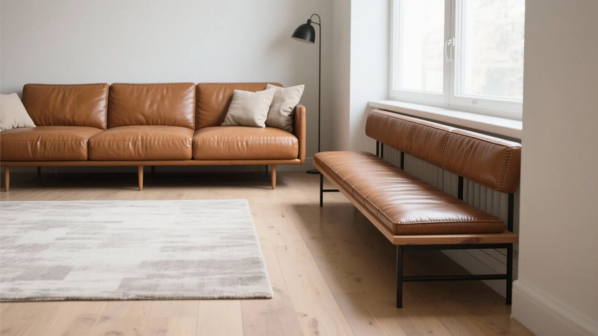 4) High-Leg Leather Sofa + Accent Bench Set