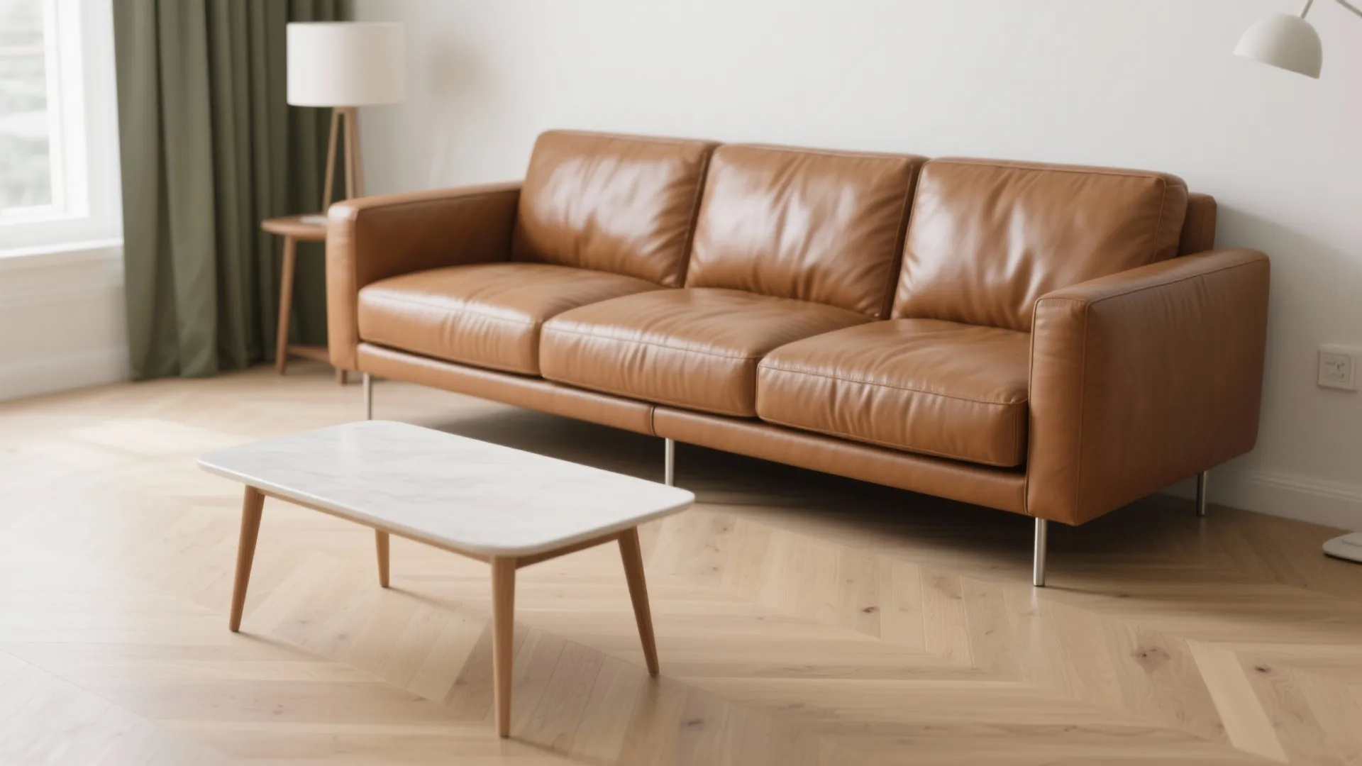High-leg leather sofa to show floor (visual space trick)