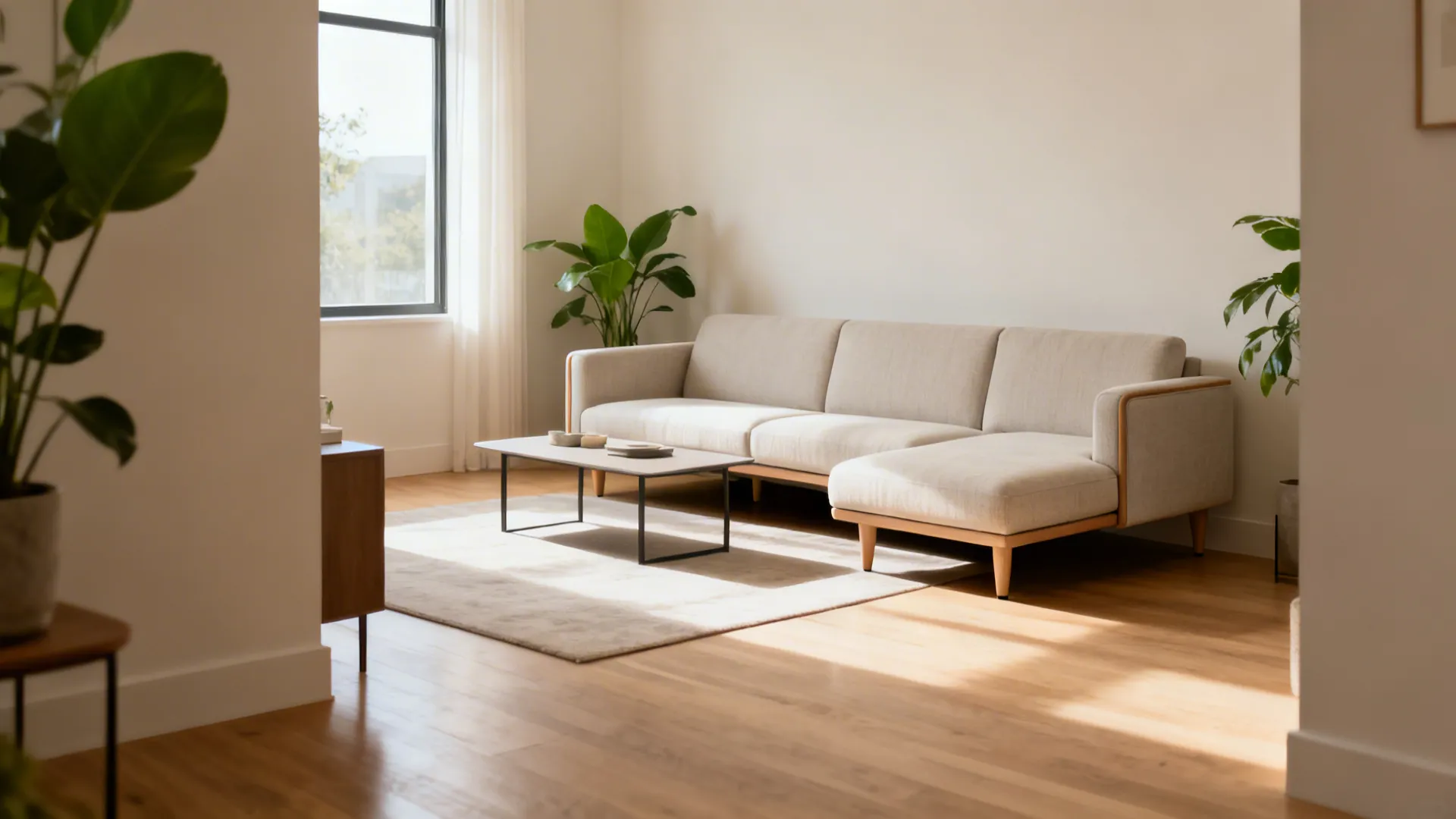 Small living room with a slim-arm, high-leg sofa revealing open floor for a spacious feel.