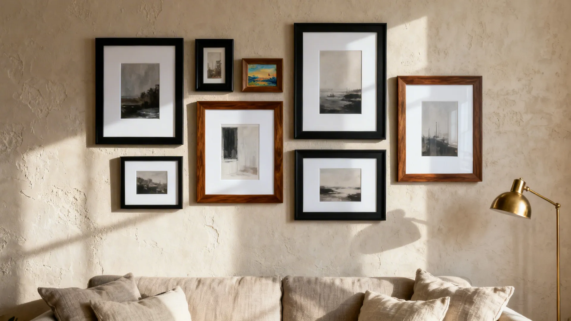 Curated gallery wall with mixed frames and white mats above a neutral sofa.