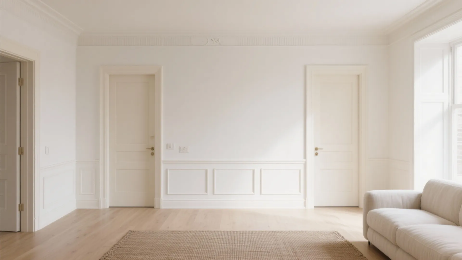 Bright white room with wooden floor two white doors wall panel white sofa and brown rug