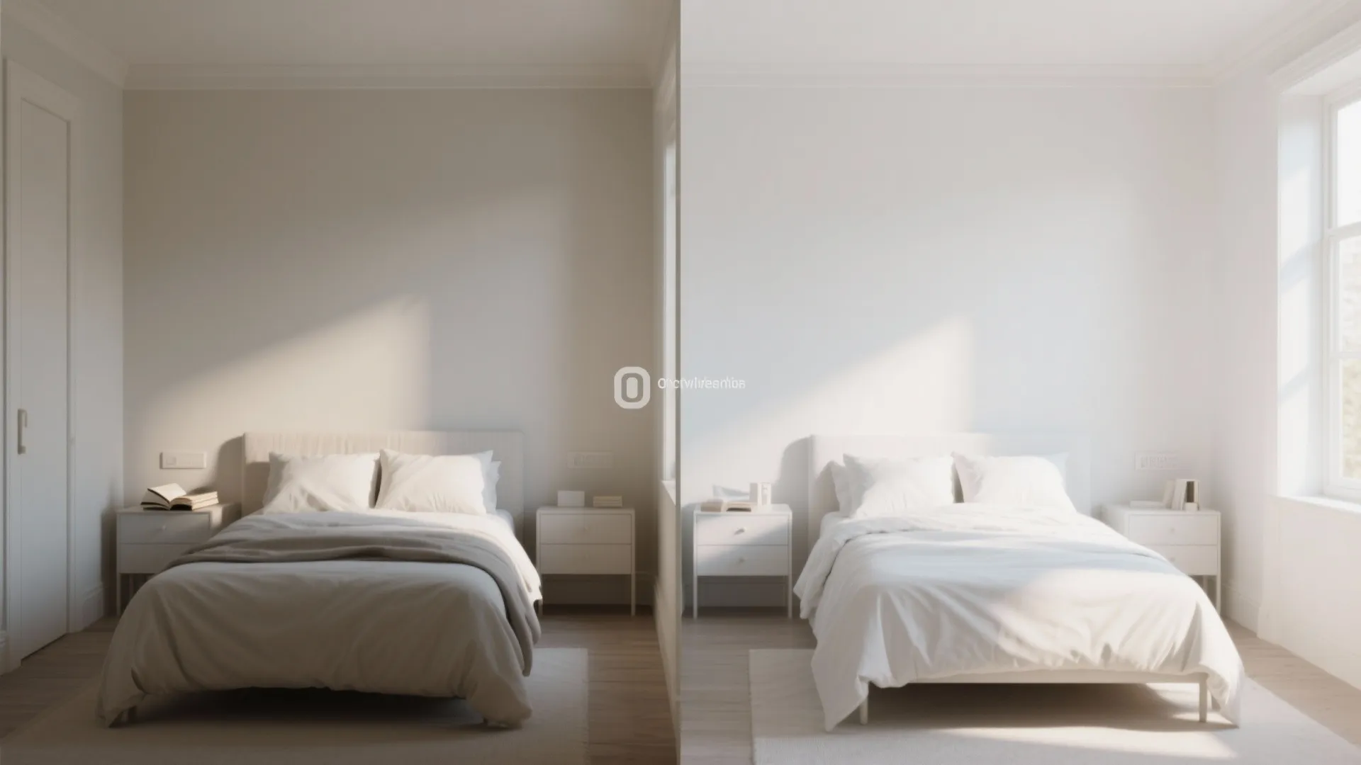 Comparison of two bedrooms showing how different wall paint brightness levels change room lighting effects
