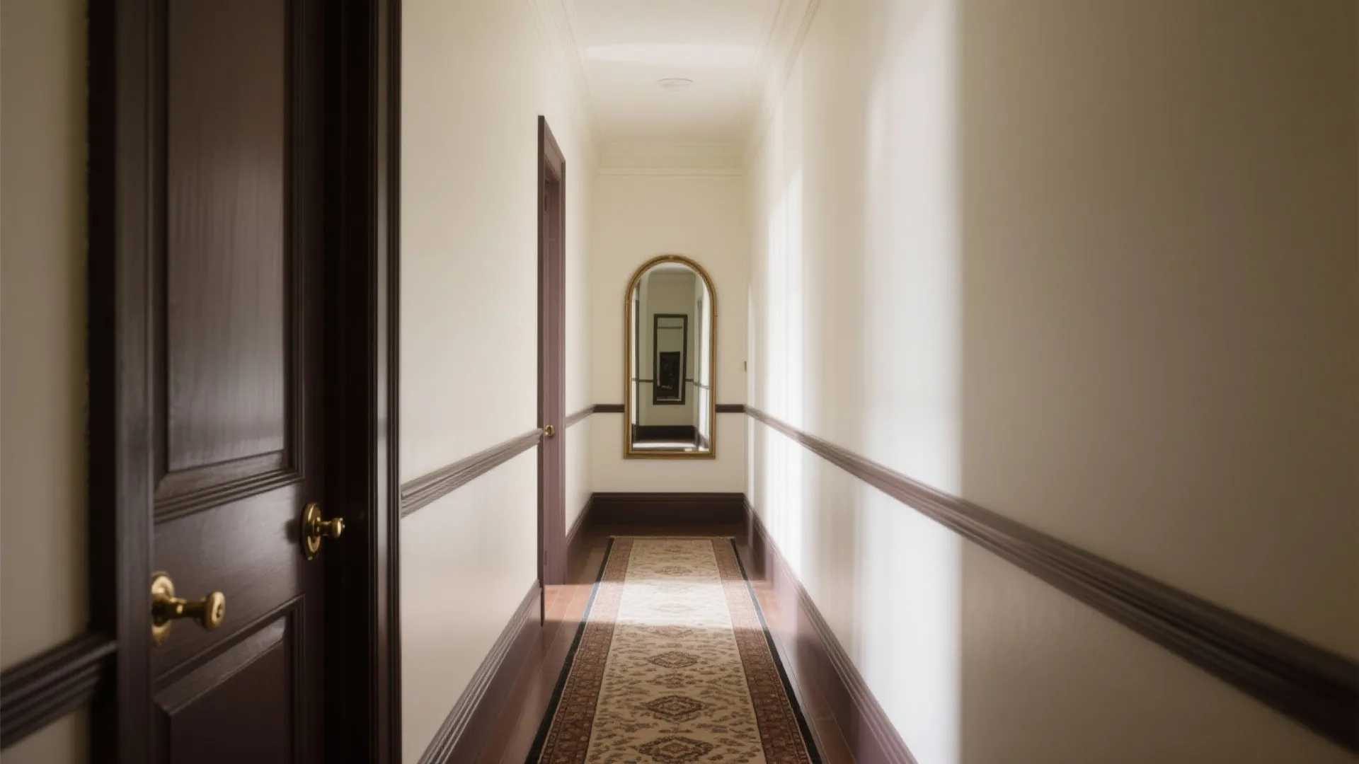 Narrow white hallway with dark wood trim and doors featuring a patterned rug and mirror