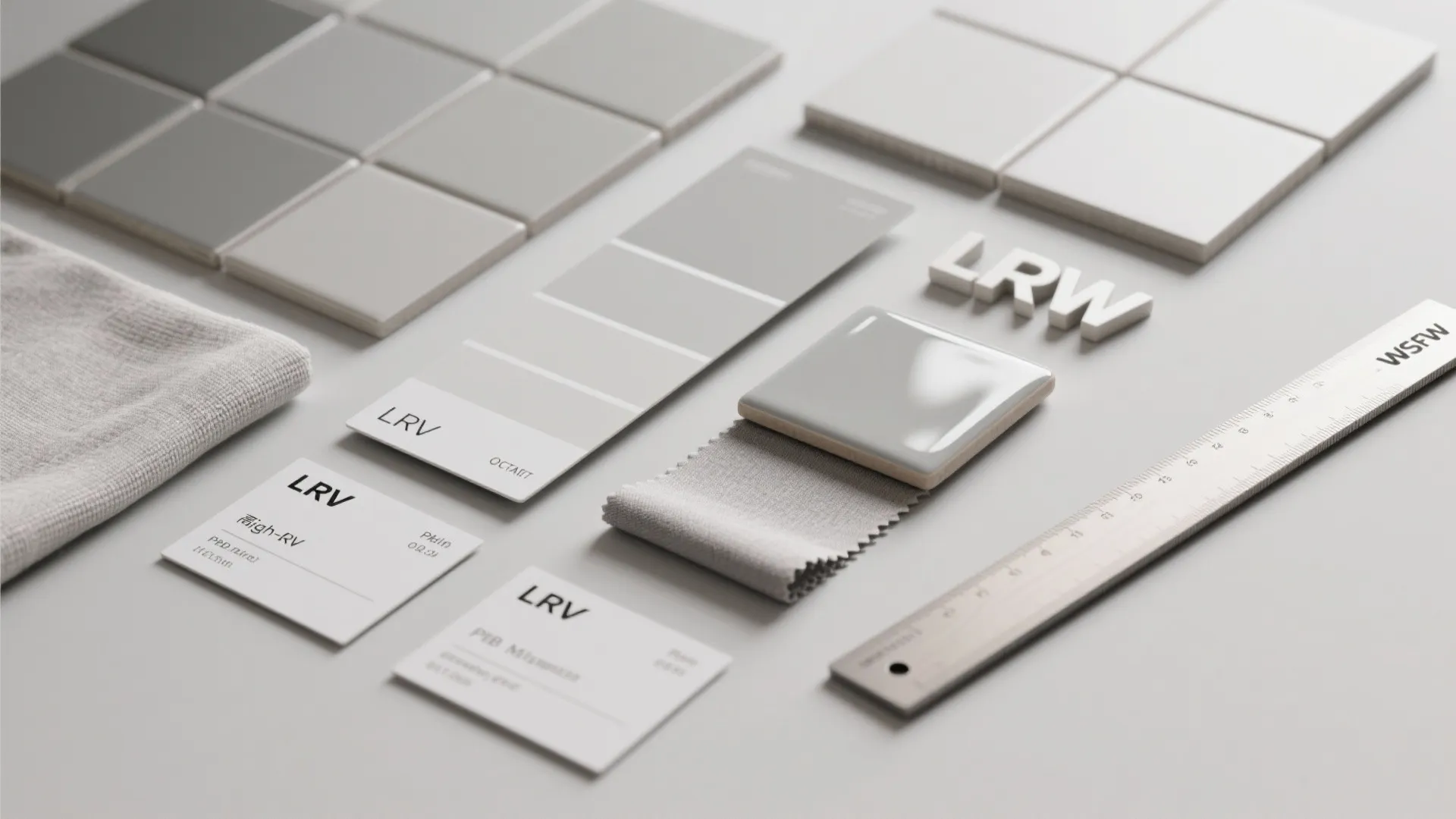 Interior design materials including grey tiles fabric samples color swatches and a ruler on white surface