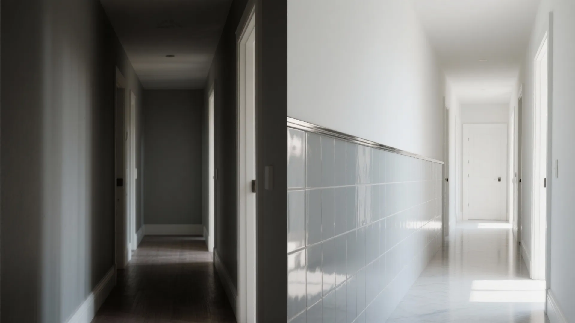 Before and after comparison showing a dark hallway updated with bright white walls and tiles