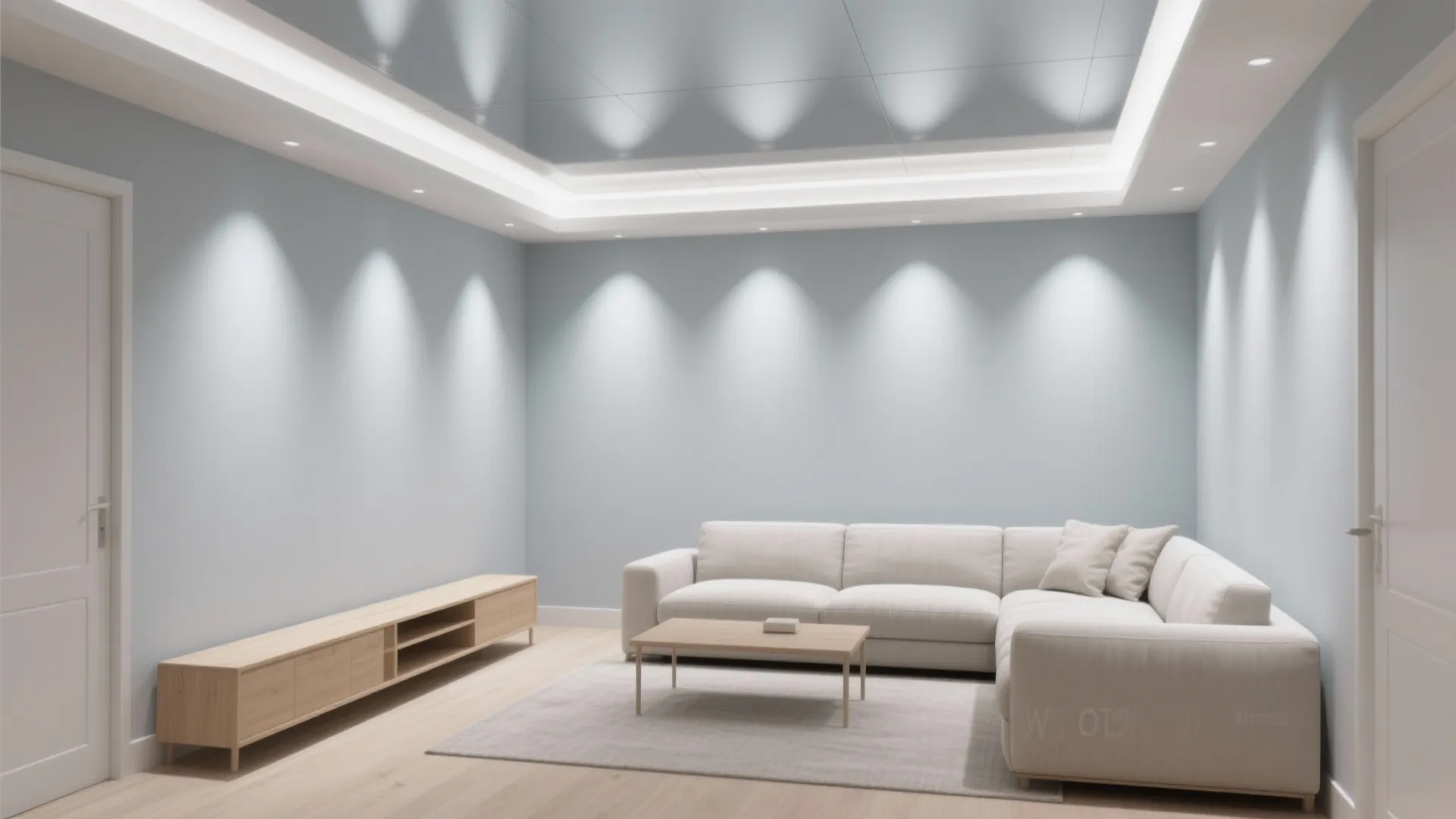 Small living room painted in high LRV soft gray, appearing open and airy with pale furnishings.