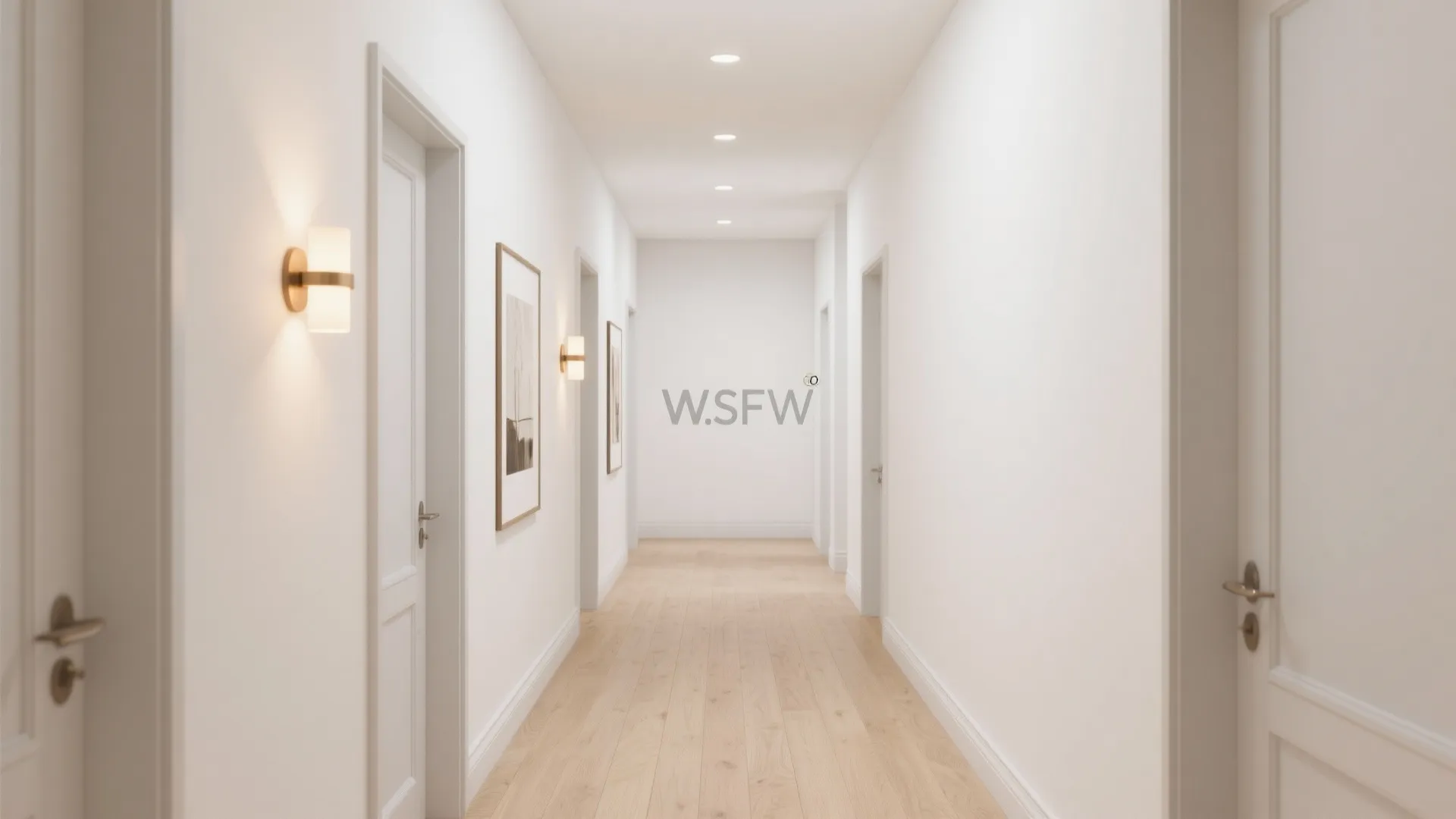 Long white hallway with light wood floor wall light fixtures and simple framed wall art