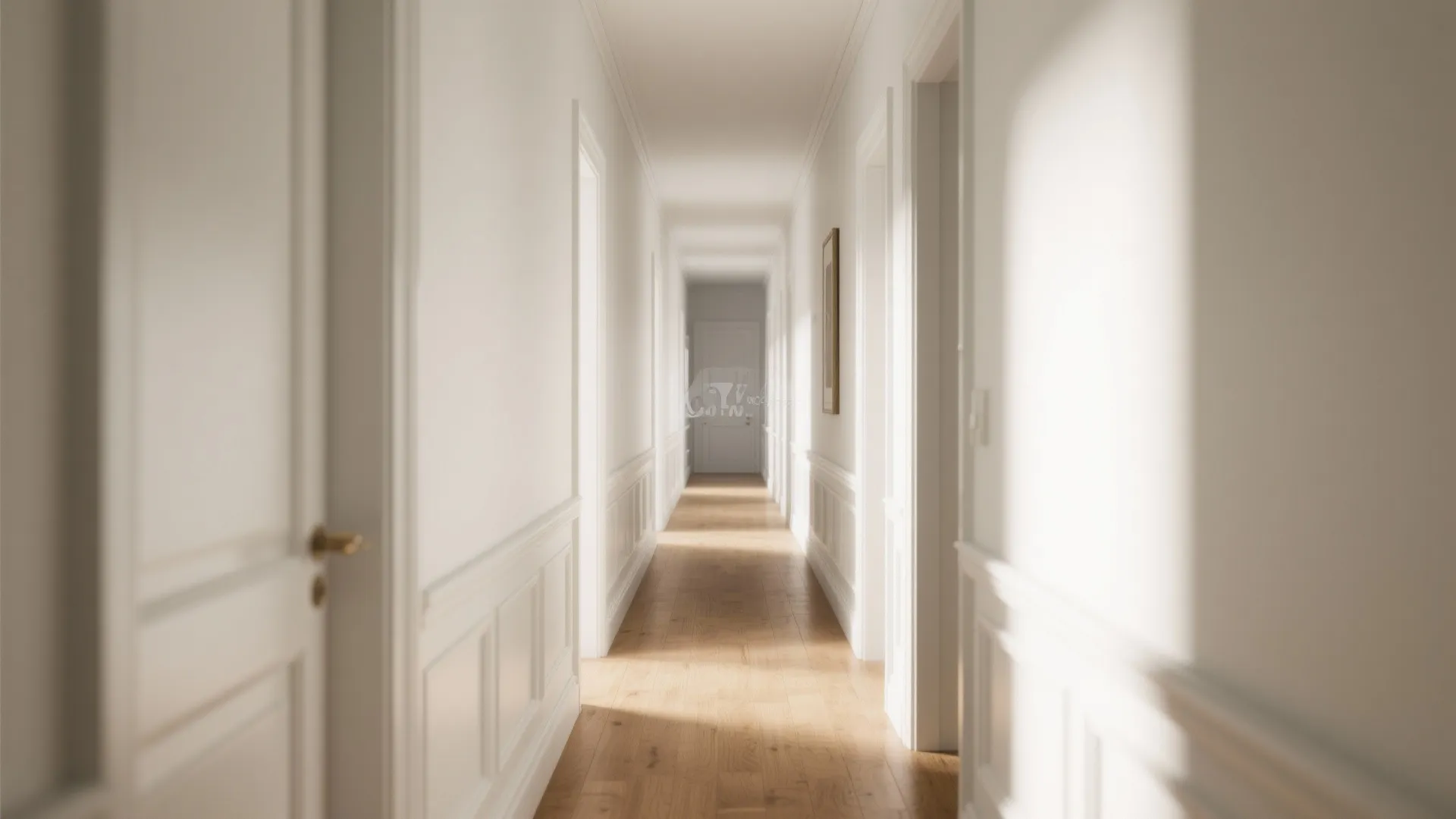 Long white hallway with decorative wall panels wooden flooring and bright natural sunlight from windows
