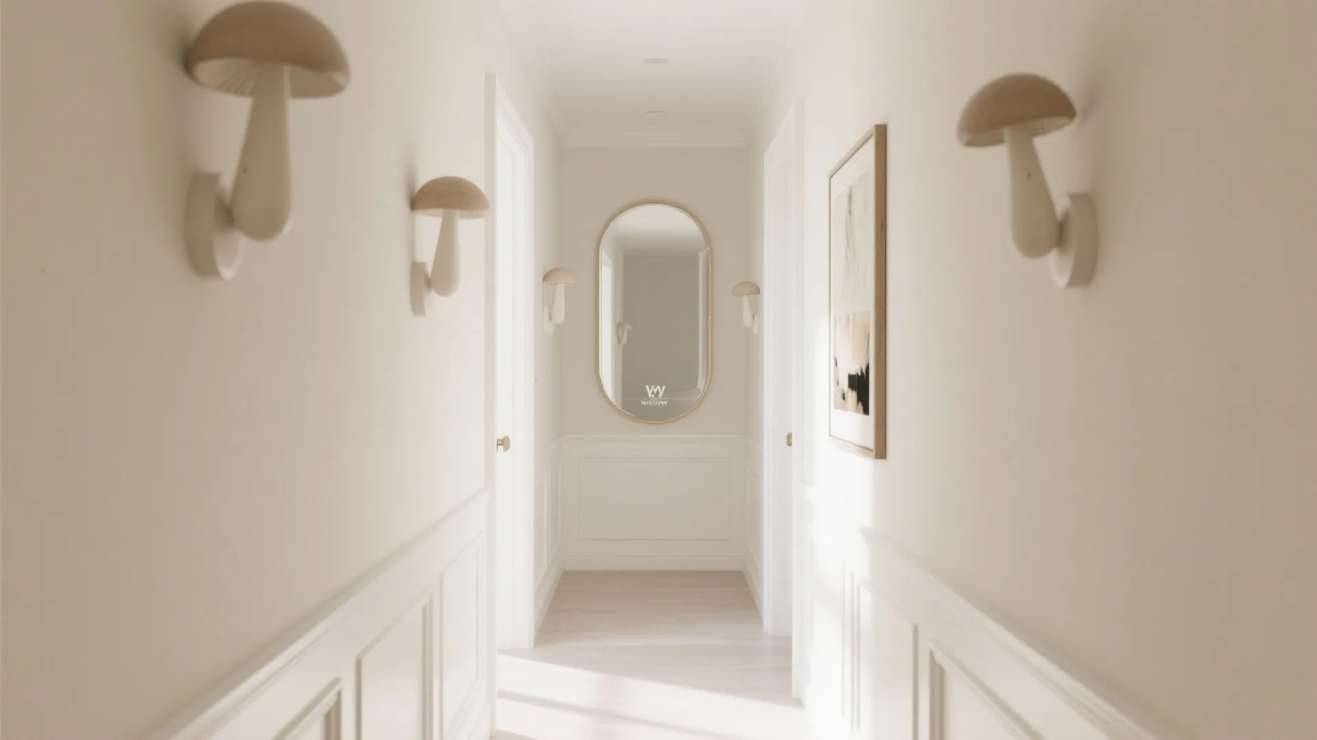 Bright hallway in soft ivory and pale mushroom tones reflecting natural light.