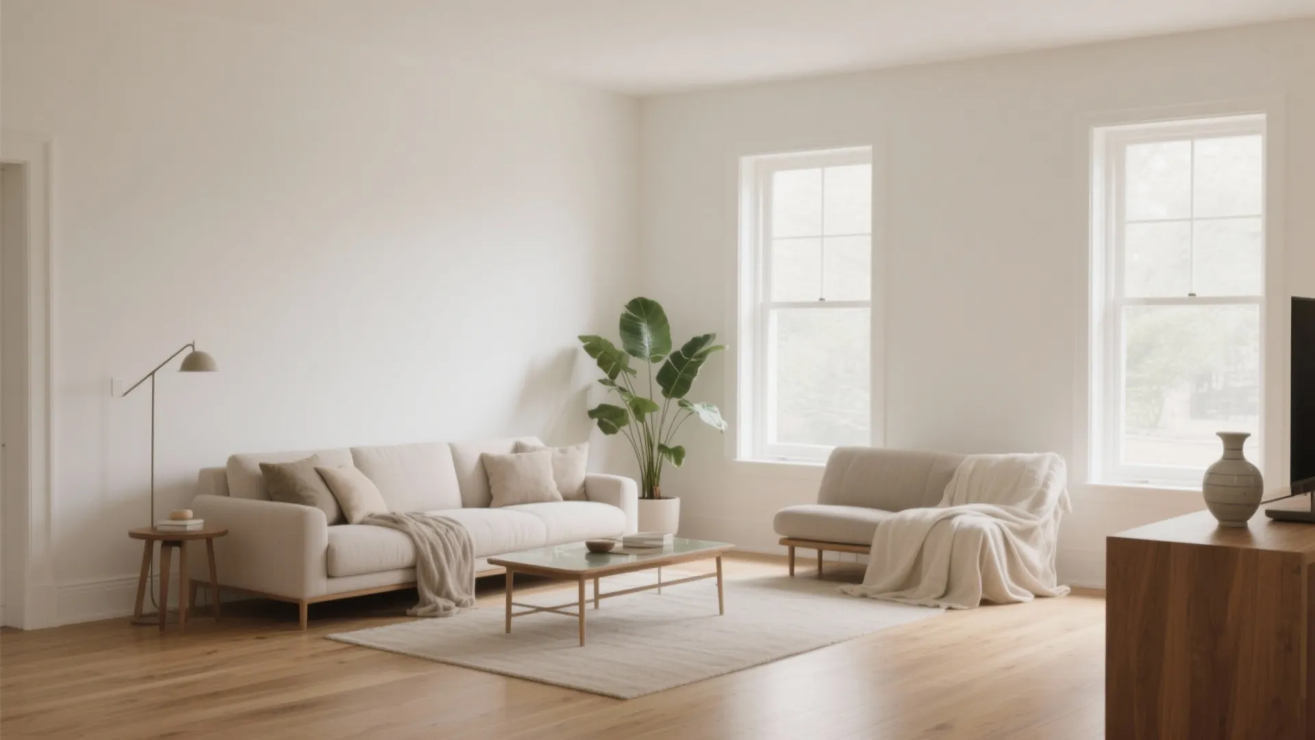 Bright minimalist living room with white walls and wooden floor and two beige fabric sofas