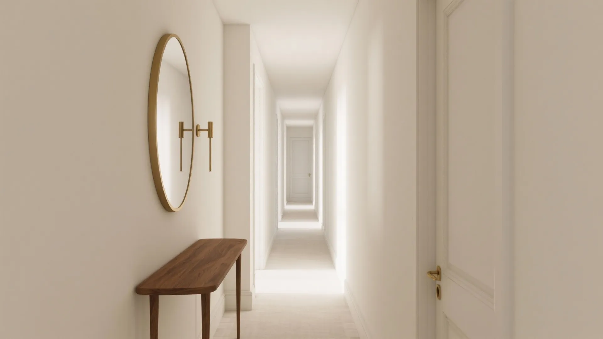 Bright white narrow hallway with a round mirror, wooden table, wall lights, and white doors