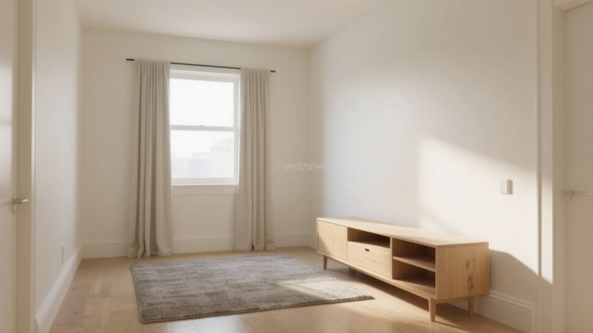 Empty bright room with white walls wooden floor grey rug and light wood media cabinet
