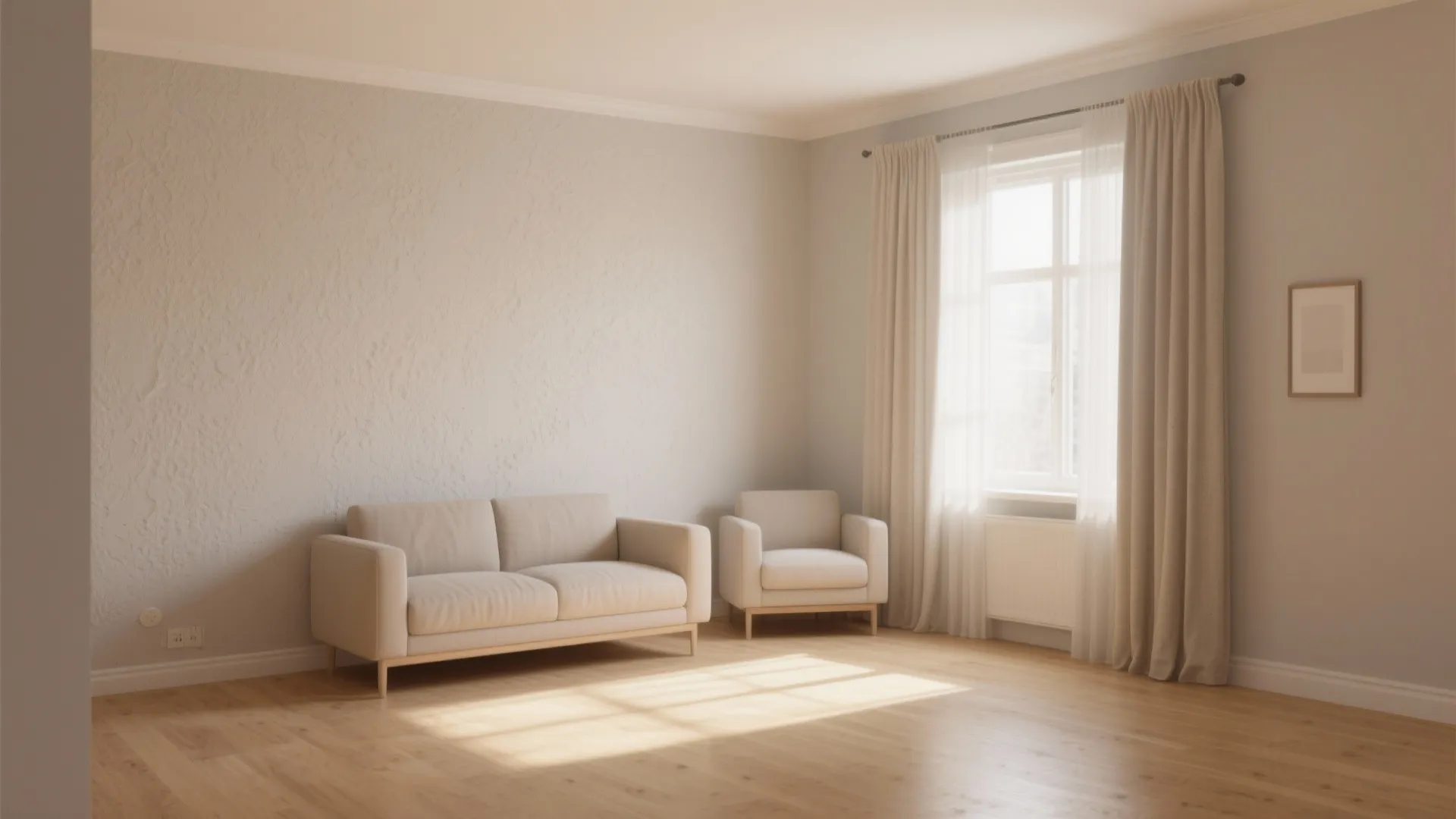 Minimalist living room featuring cream sofa and chair with wooden floor and bright natural light