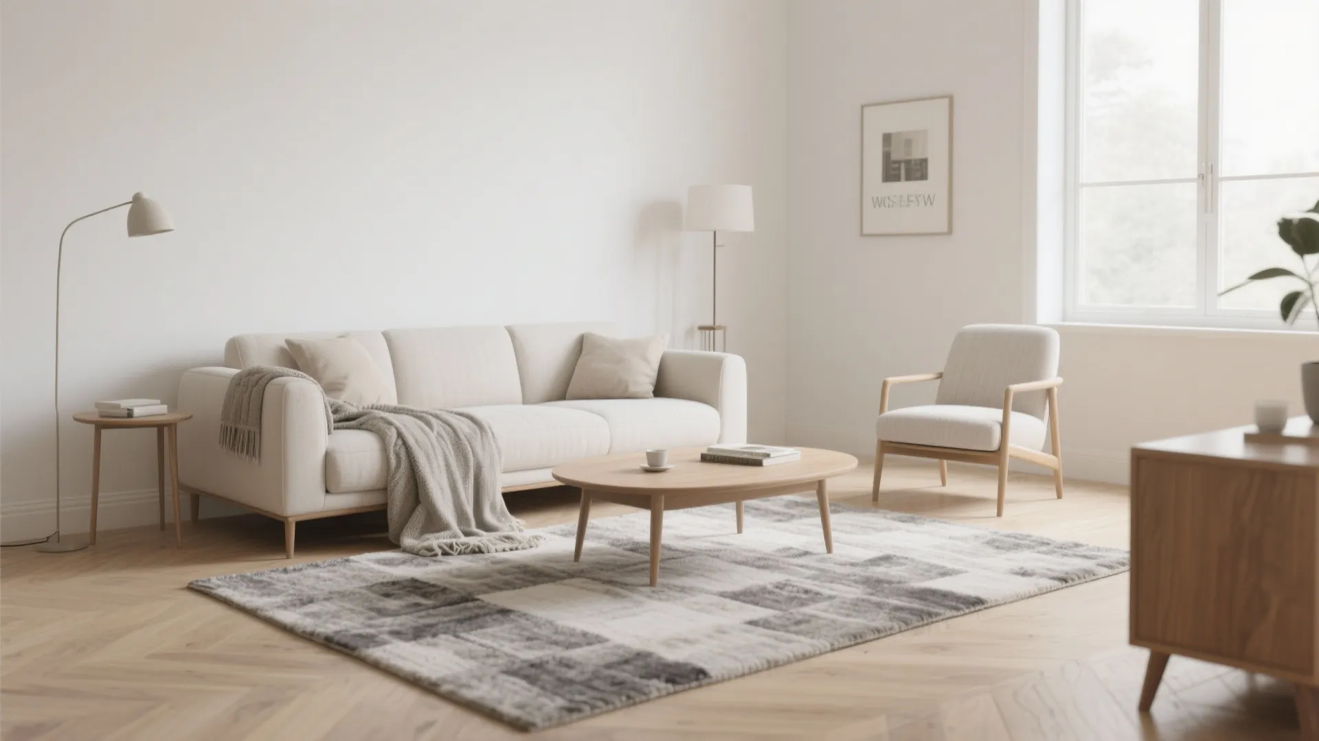 Minimalist bright living room with white sofa wooden coffee table grey rug armchair and sunlight