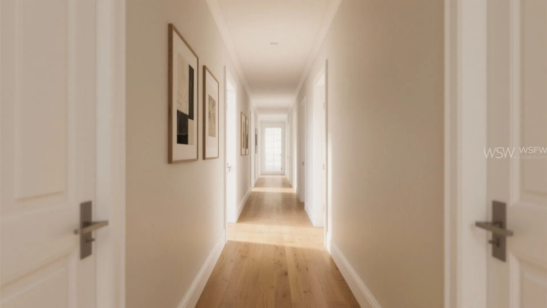 Bright white hallway interior design with light wood flooring and framed wall art on display
