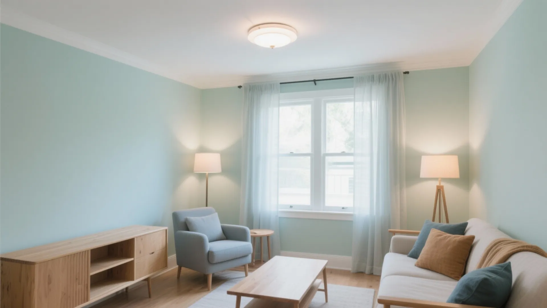 Light blue living room featuring white sofa armchair wooden cabinet floor lamps window and white curtains