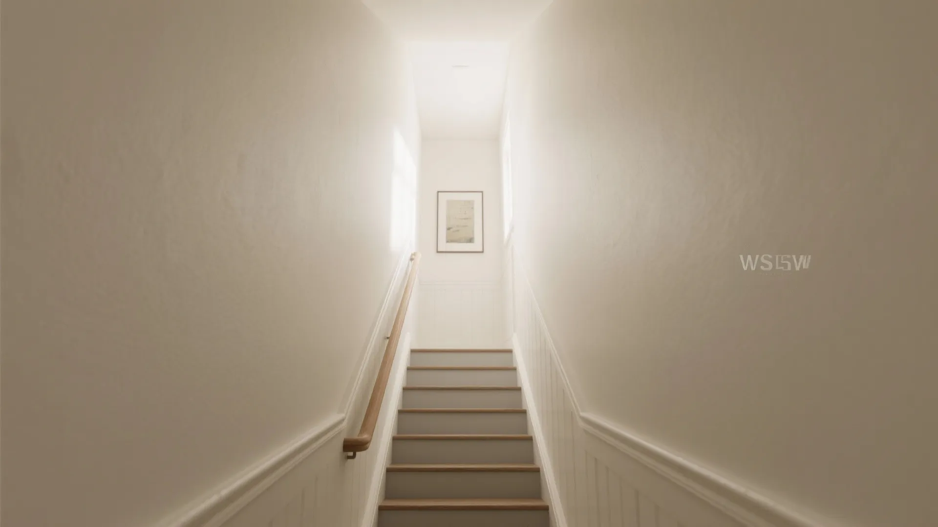 Bright white narrow staircase with wooden handrail wall panel details and a framed art piece