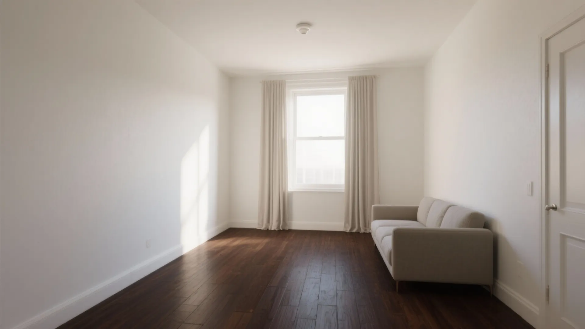 Empty white room featuring dark wood flooring a beige sofa and a window with curtains