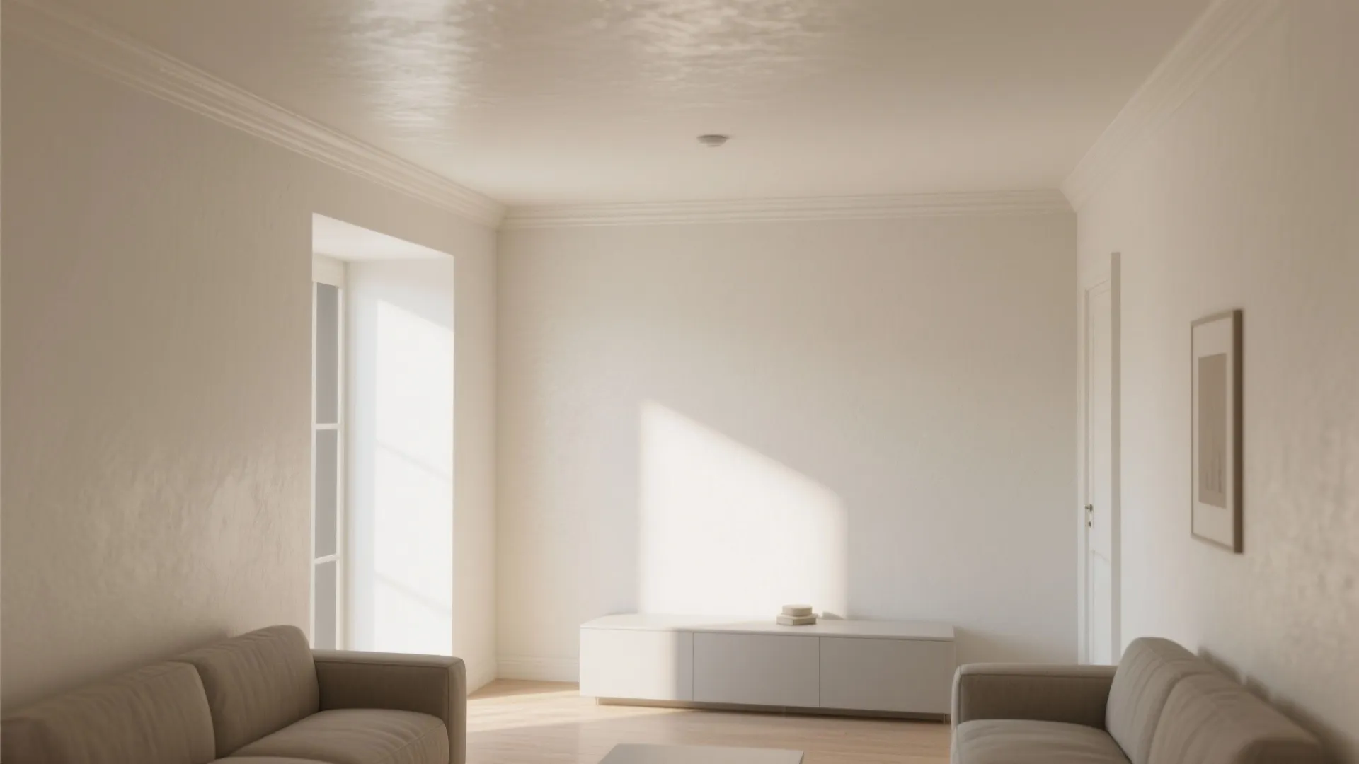 Bright white room with sunlight hitting wall low white cabinet wooden floors and two sofas