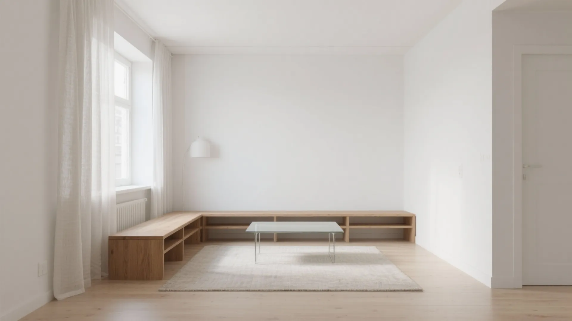 Minimalist white living room with wood shelf, glass coffee table, rug, wood floor, and curtains