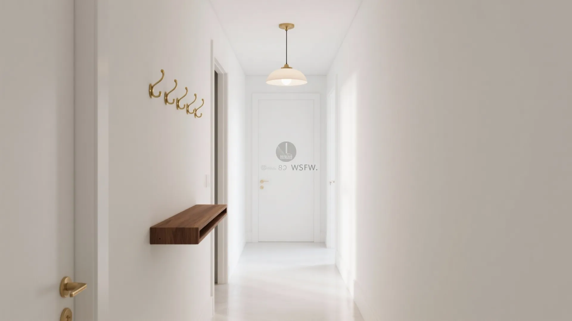 High-reflectance white hallway with brass hooks and a walnut console, bright and airy.