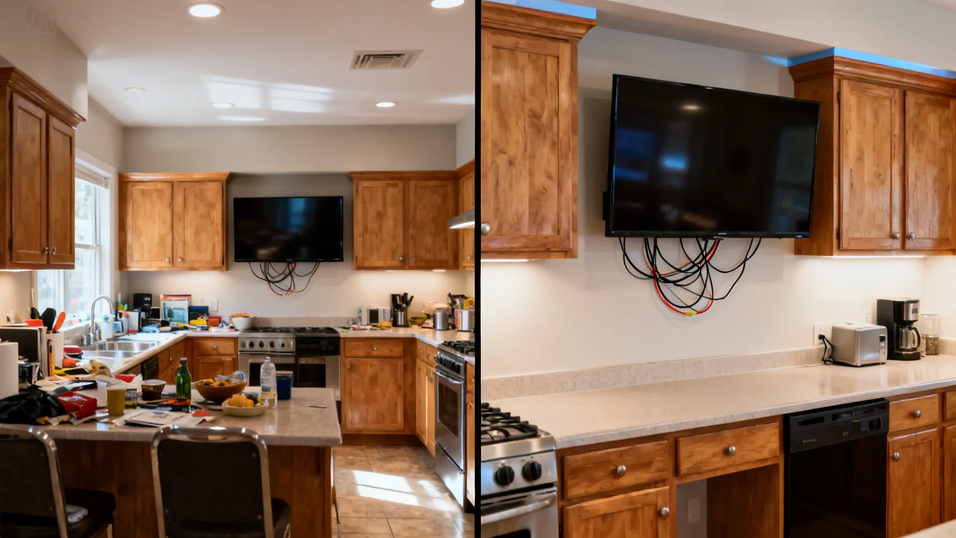 Before-and-after showing a cluttered midline versus a high-mounted TV aligned with cabinet tops.