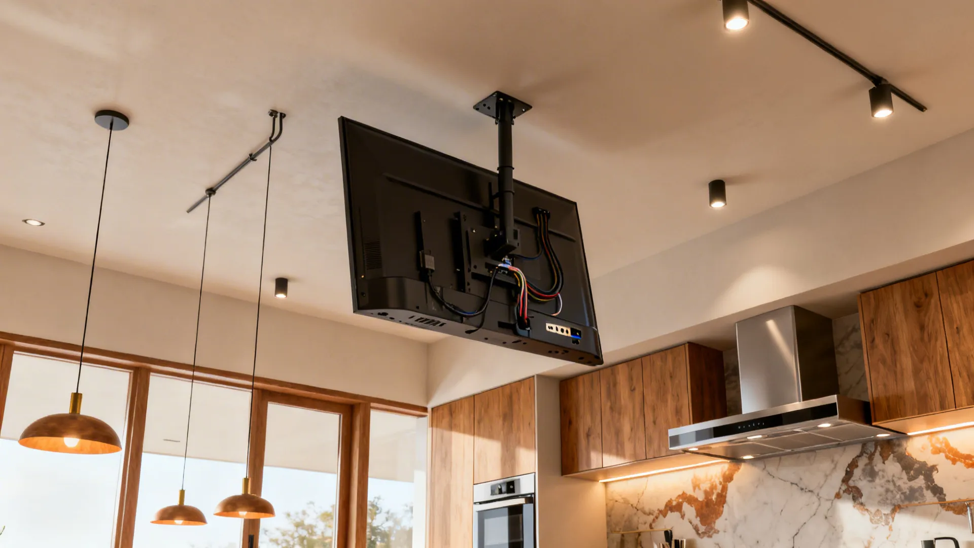 High-mounted kitchen TV aligned with cabinet tops, tilted to reduce glare with concealed conduit.