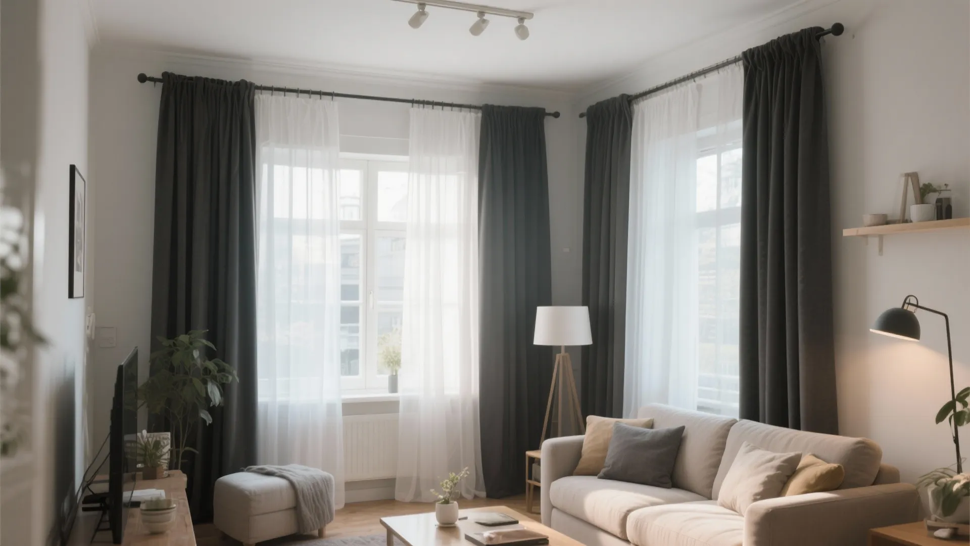 Bright living room with dark grey and white curtains wooden floor sofa and small floor lamp
