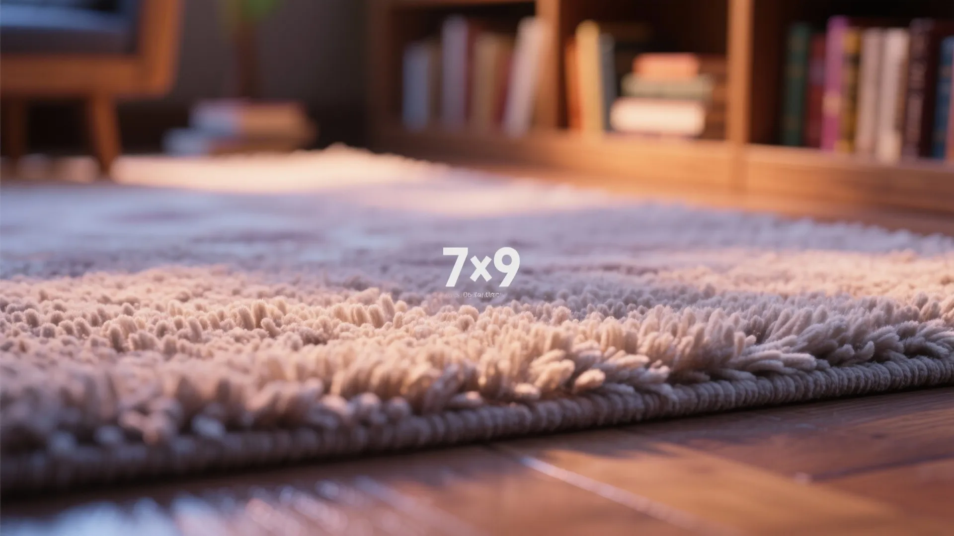 Close up view of a high pile white rug on a wooden floor near bookshelves
