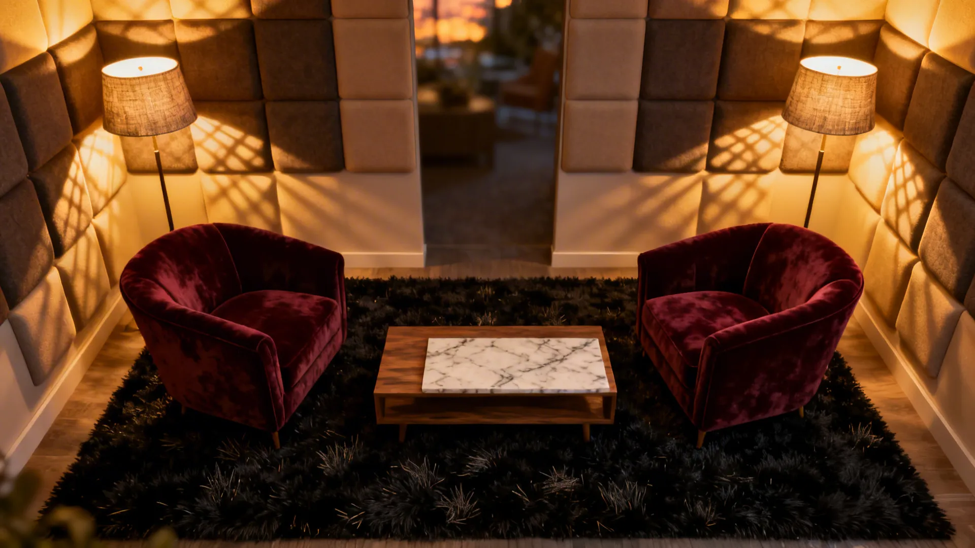 Intimate seating area with two club chairs on a high-pile black rug under warm lamp light