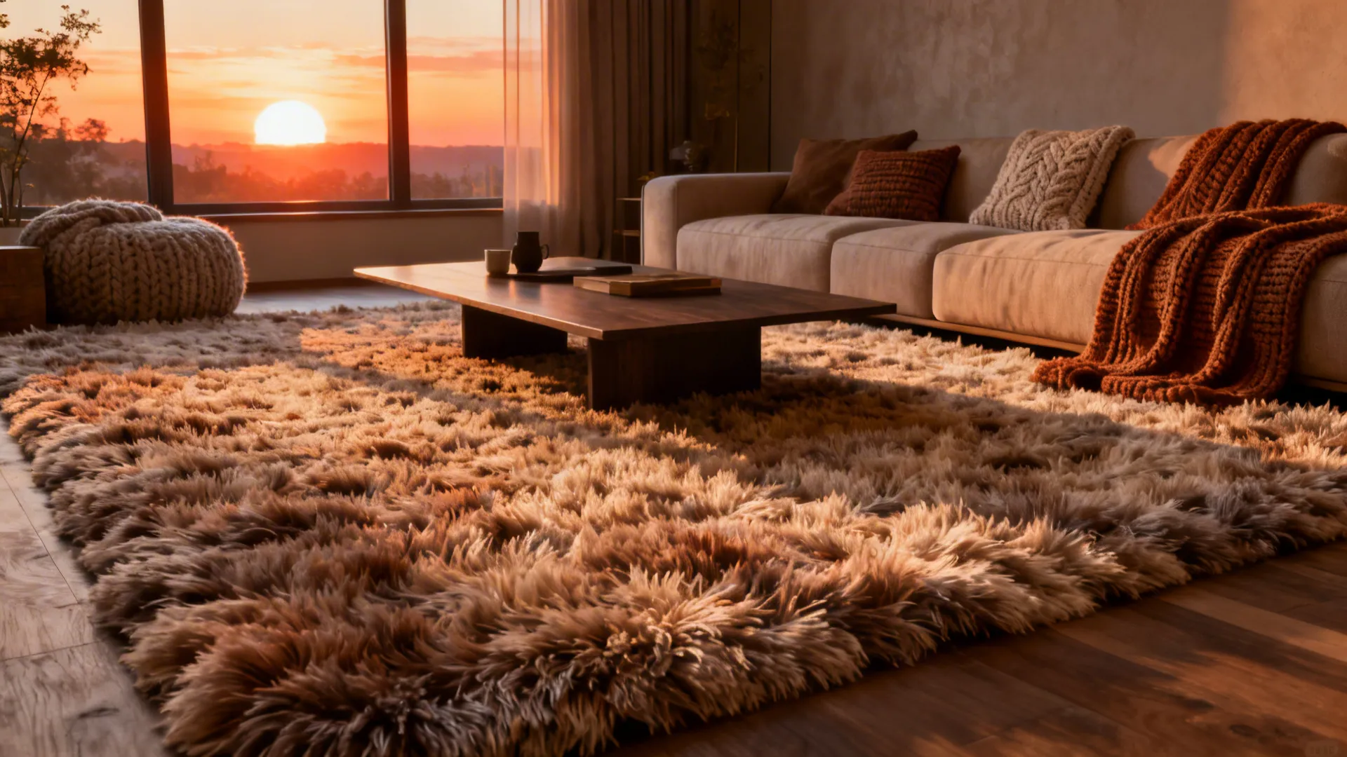 Cozy living room featuring a high-pile shag rug under lounge seating and a low table