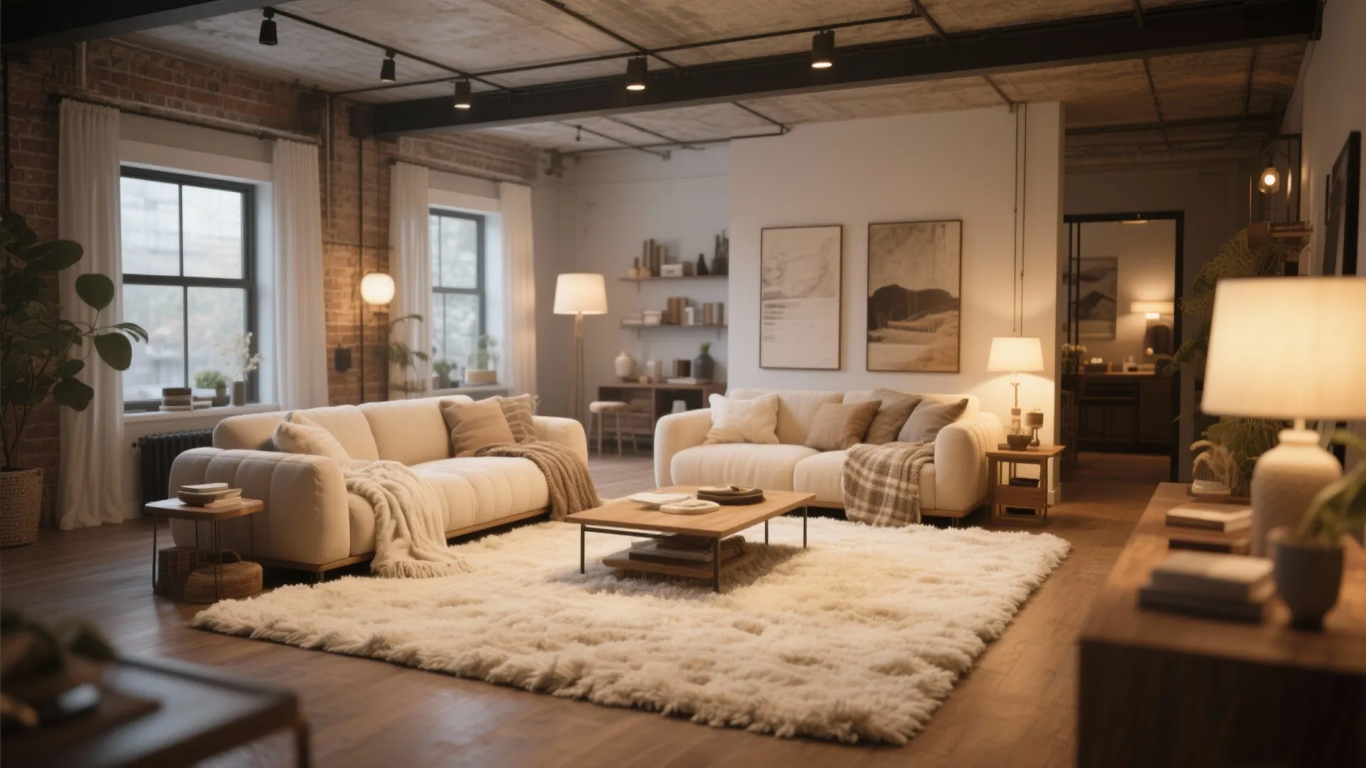 Industrial living room with brick walls white sofas wooden coffee table and large white rug