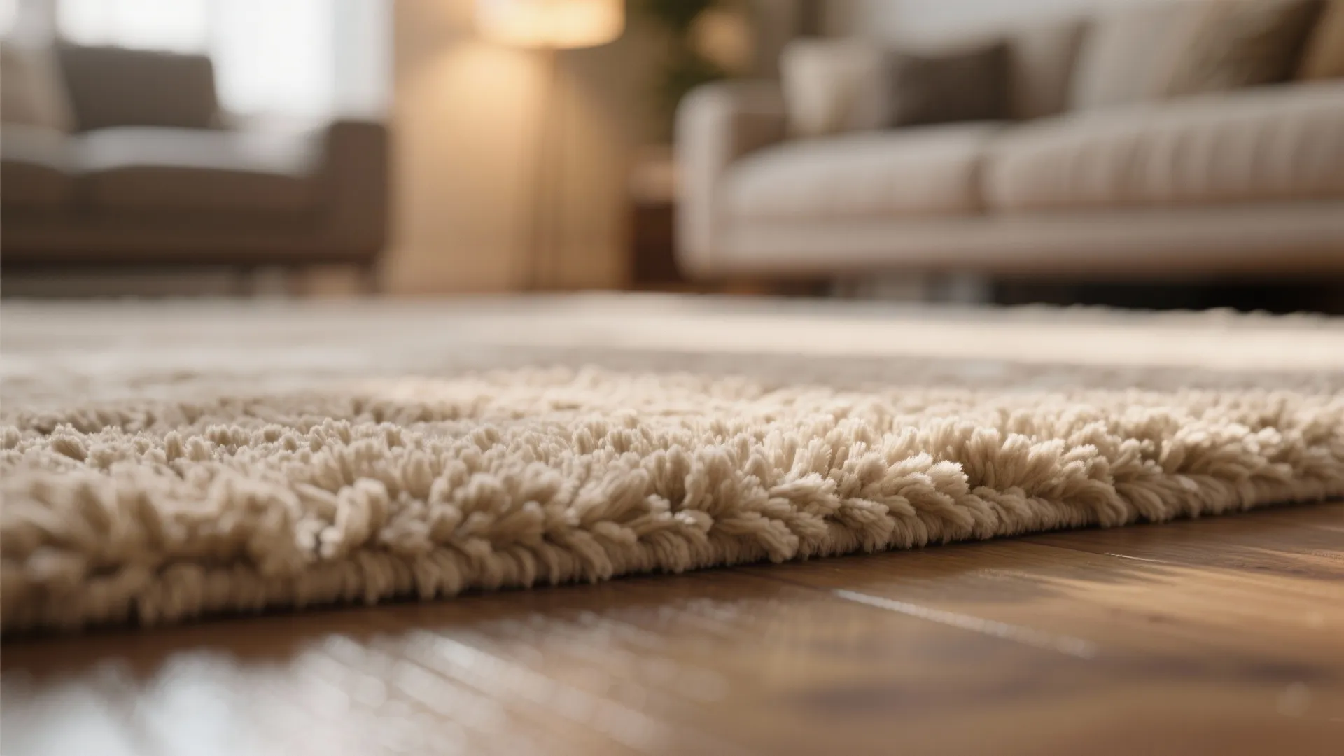 Close up view of soft beige thick rug texture on dark wood floor in living room