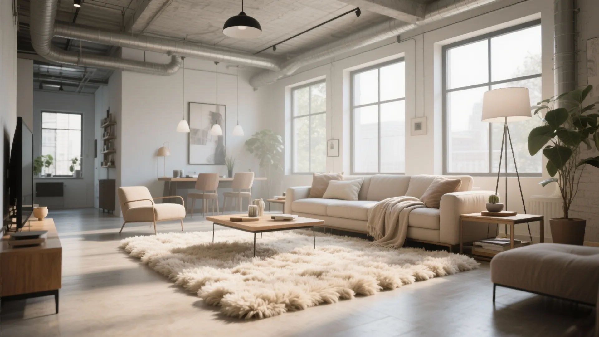 Industrial living room with cream sofa fluffy white rug wooden floor and exposed ceiling pipes