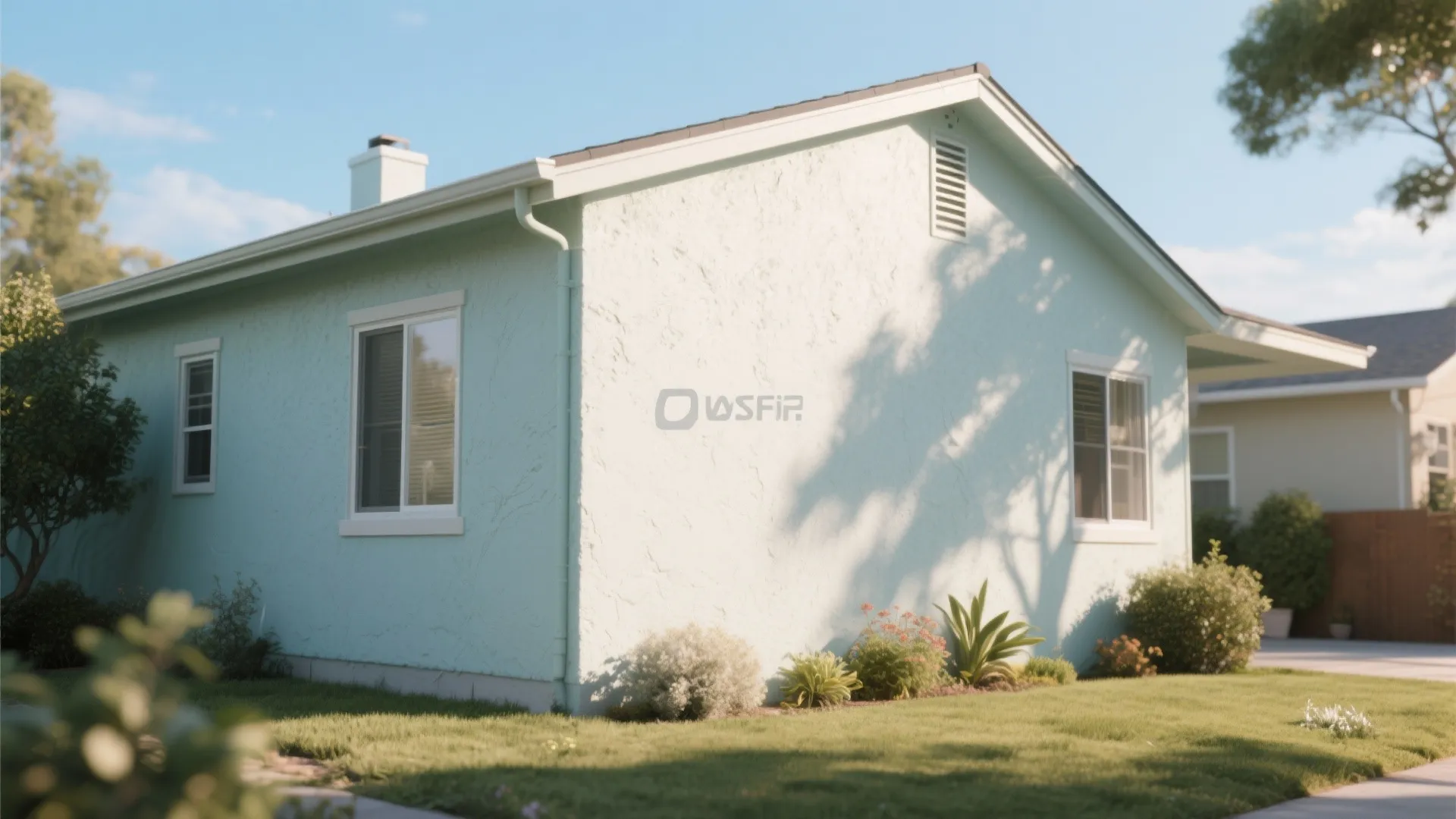 Sunlit south-facing house wall painted in a pale high-reflectance color to reduce surface heat.