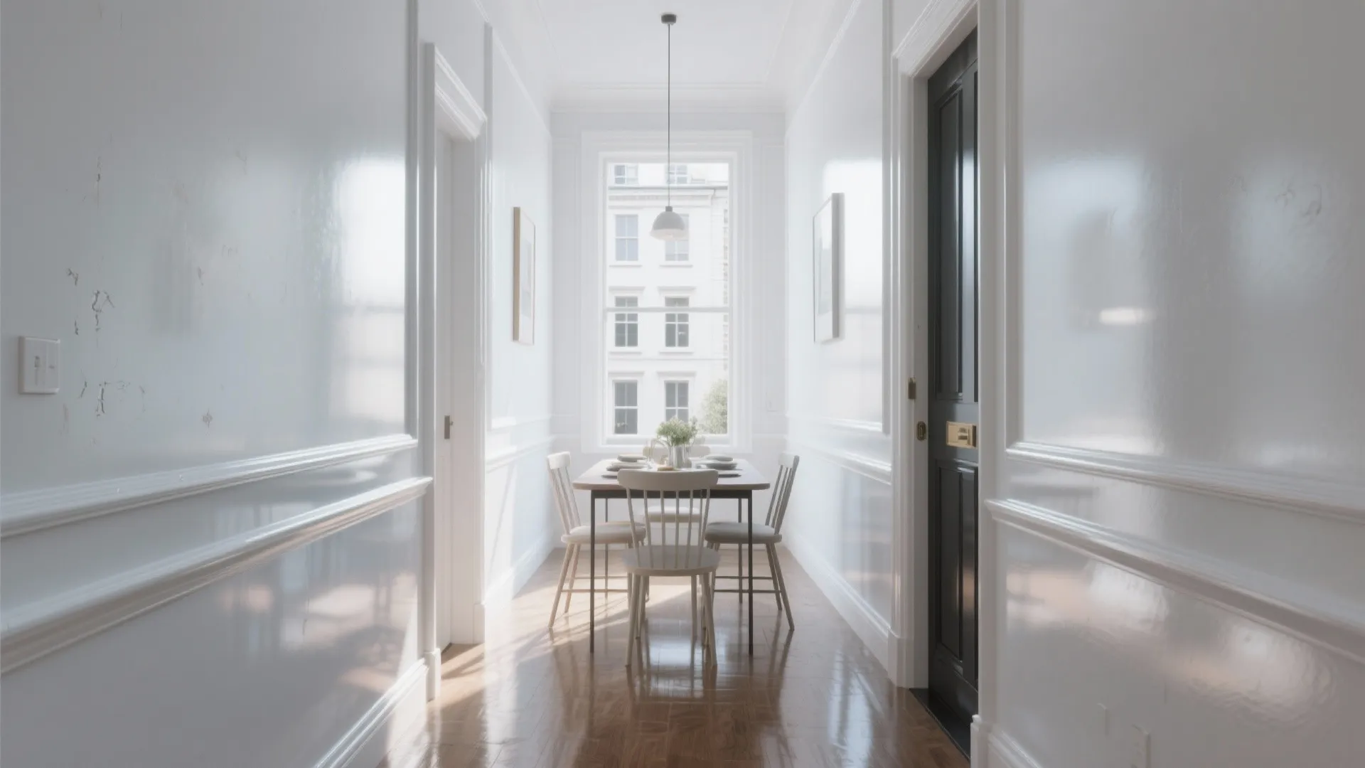 Bright white dining room with wooden table four chairs long hallway large window and ceiling light