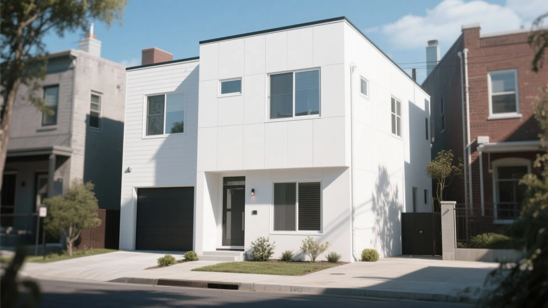 Modern white two story house with flat roof black garage door and windows on street