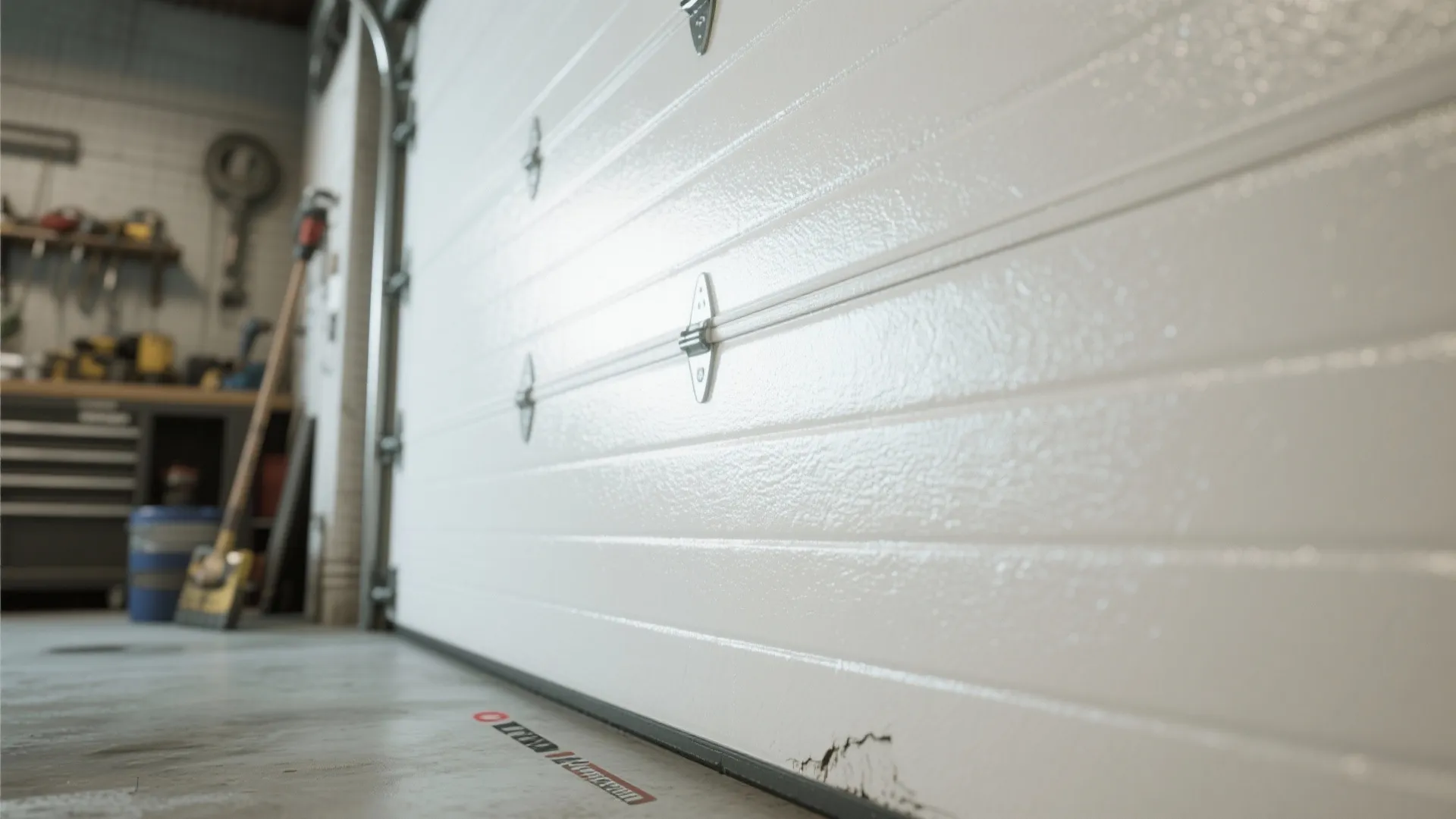 Close up view of white garage door panels showing shiny surface and metal hinge details