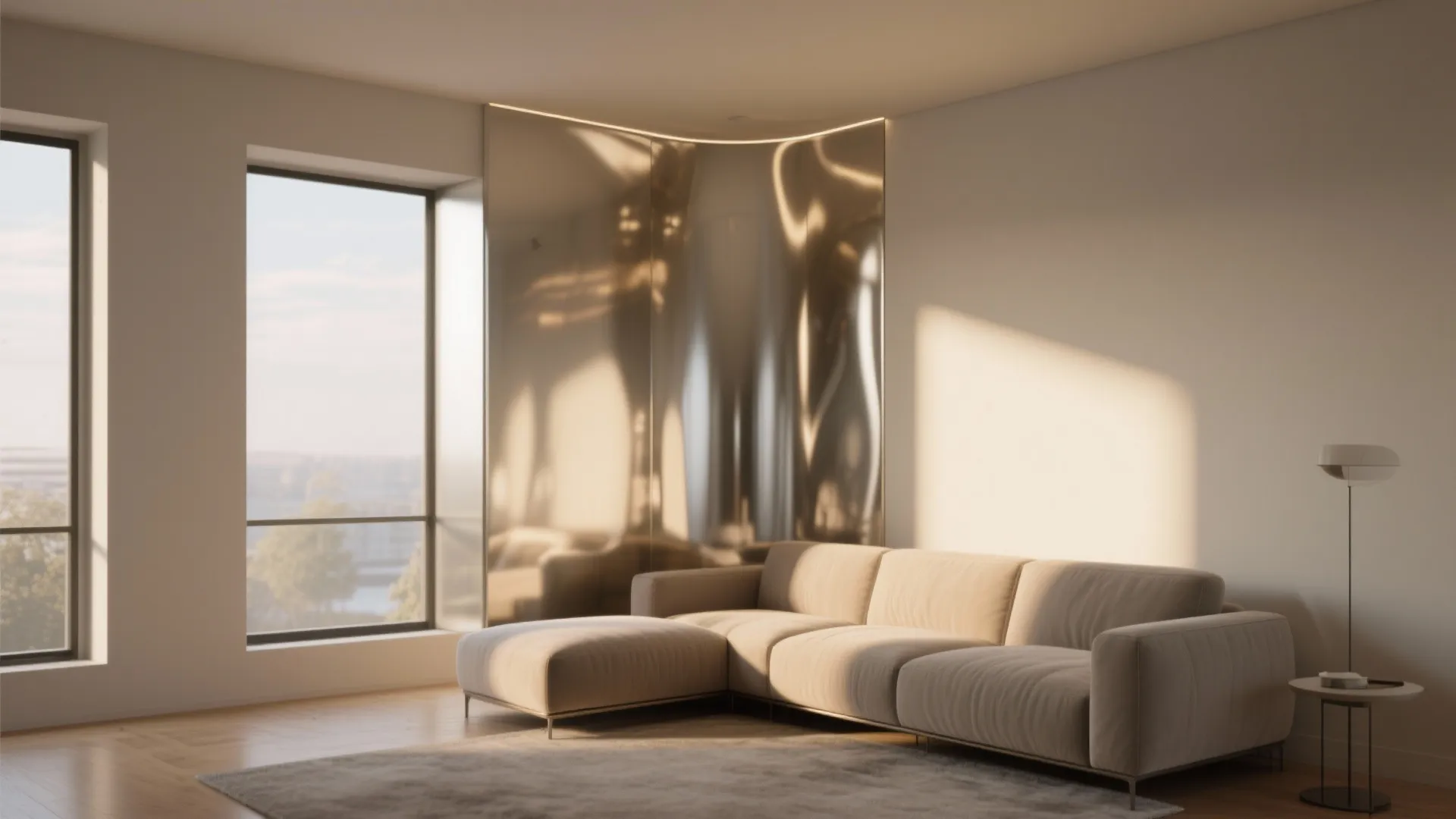 Modern living room with a beige sofa and a shiny gold curved wall panel and windows