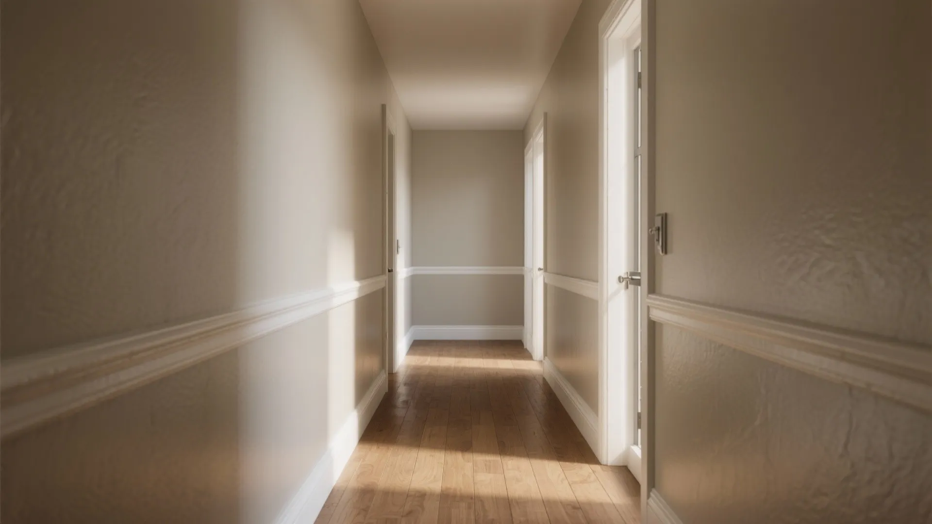 Long hallway with cream walls white wall panel wood flooring and natural light from open doors
