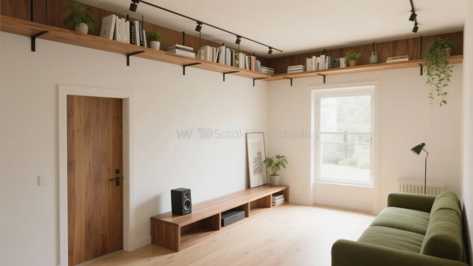 White living room with wooden wall shelves holding books and green plants above a sofa