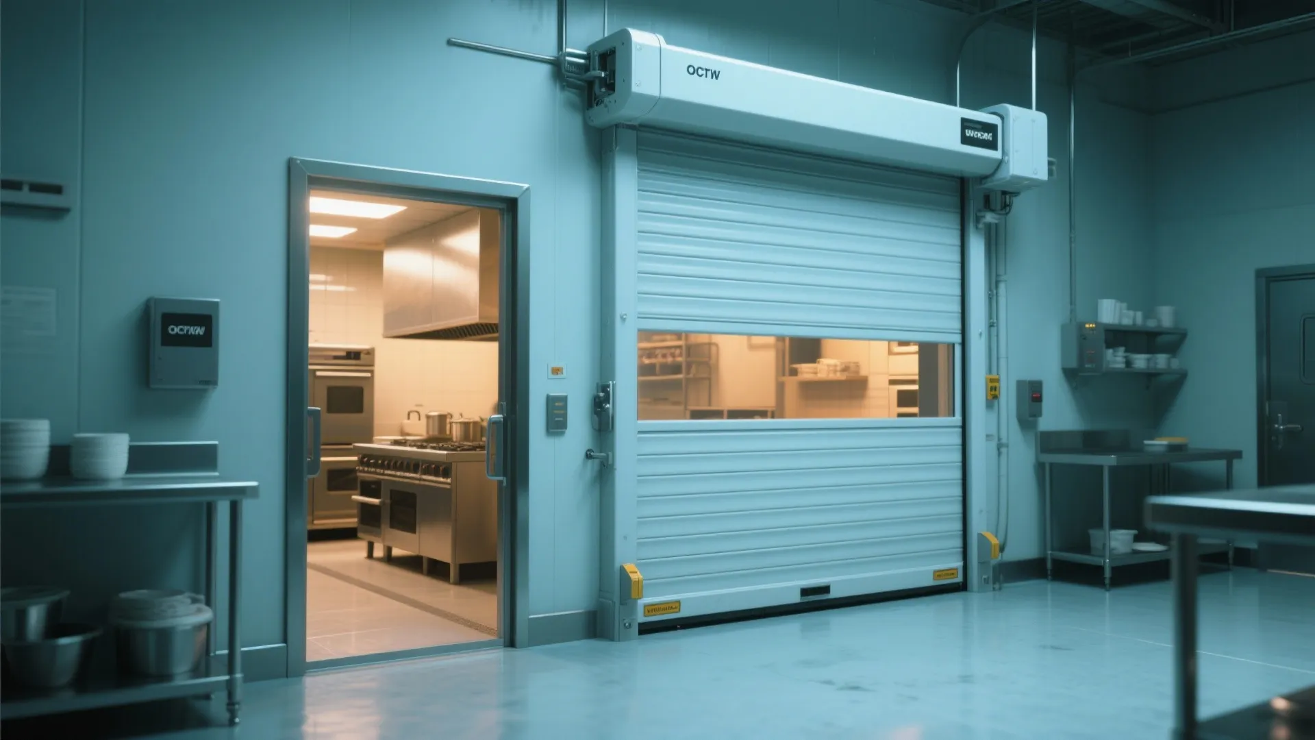 High-speed roll-up door separating a cold prep room and main kitchen with tight seal.