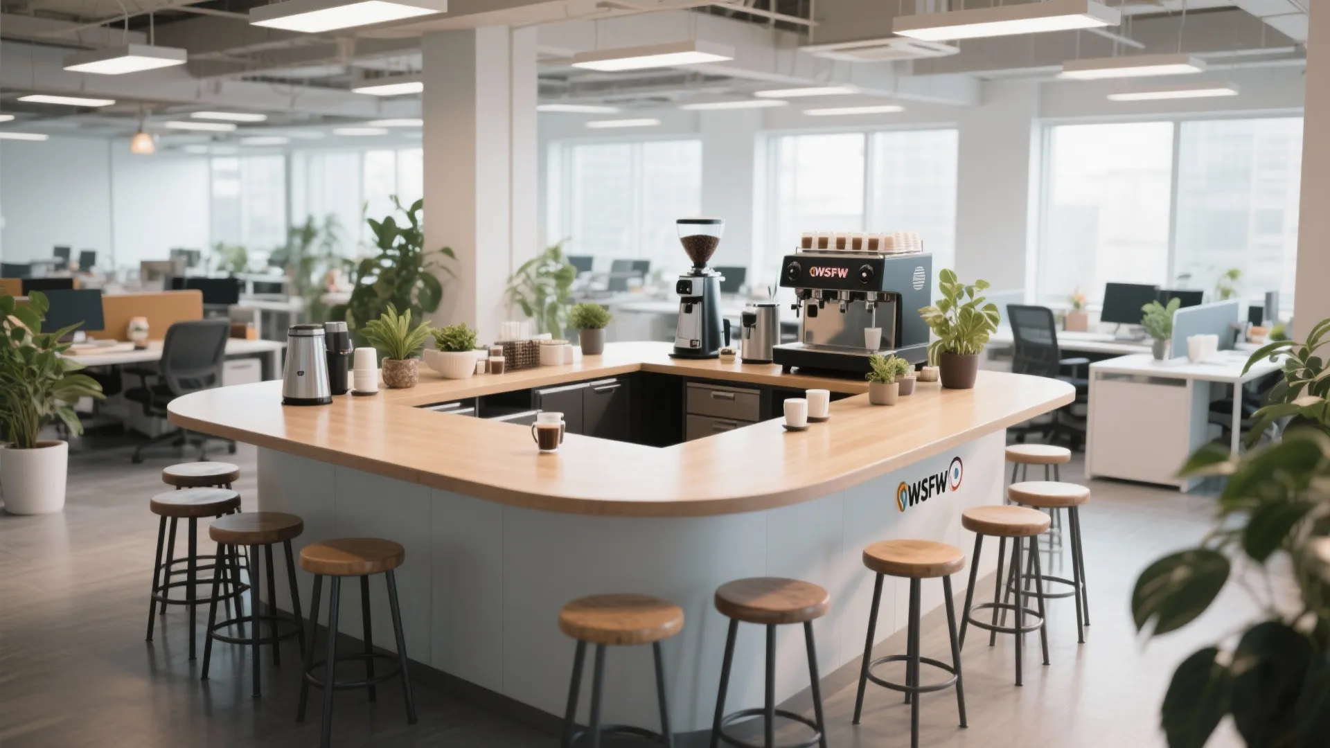 Office coffee bar with a wooden counter several stools and coffee machines in an open room