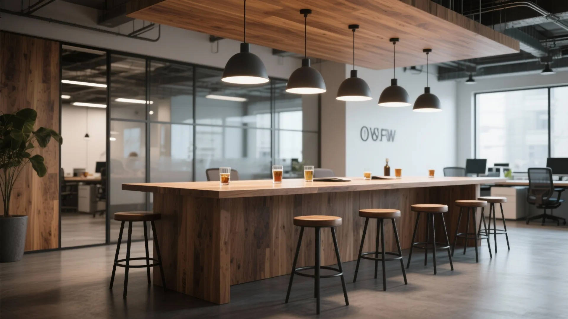 Large wooden high table with black stools and ceiling lights in a modern office breakroom
